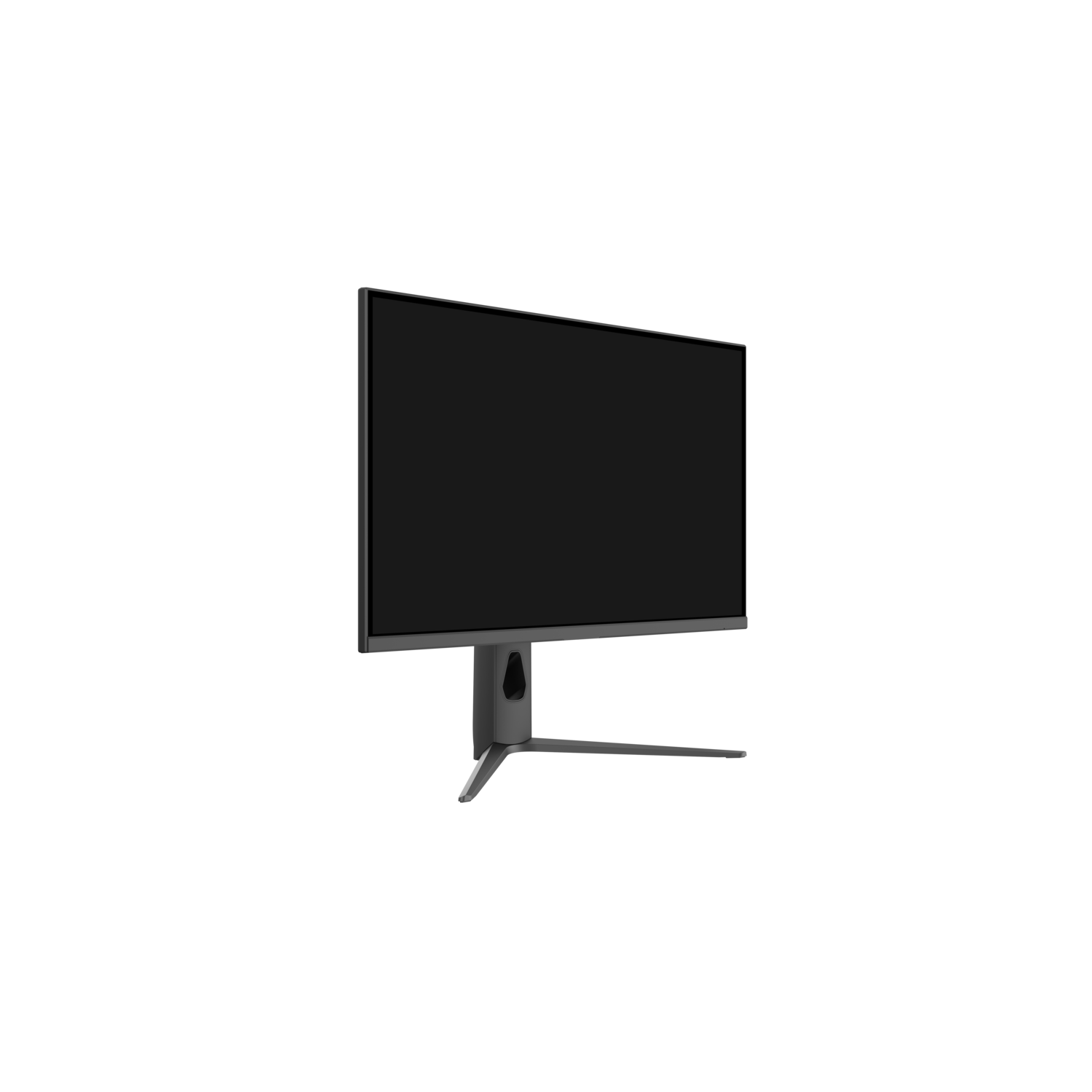 Een grijze computermonitor met een zwart scherm op een zwarte achtergrond. De monitor is iets naar rechts gekanteld.