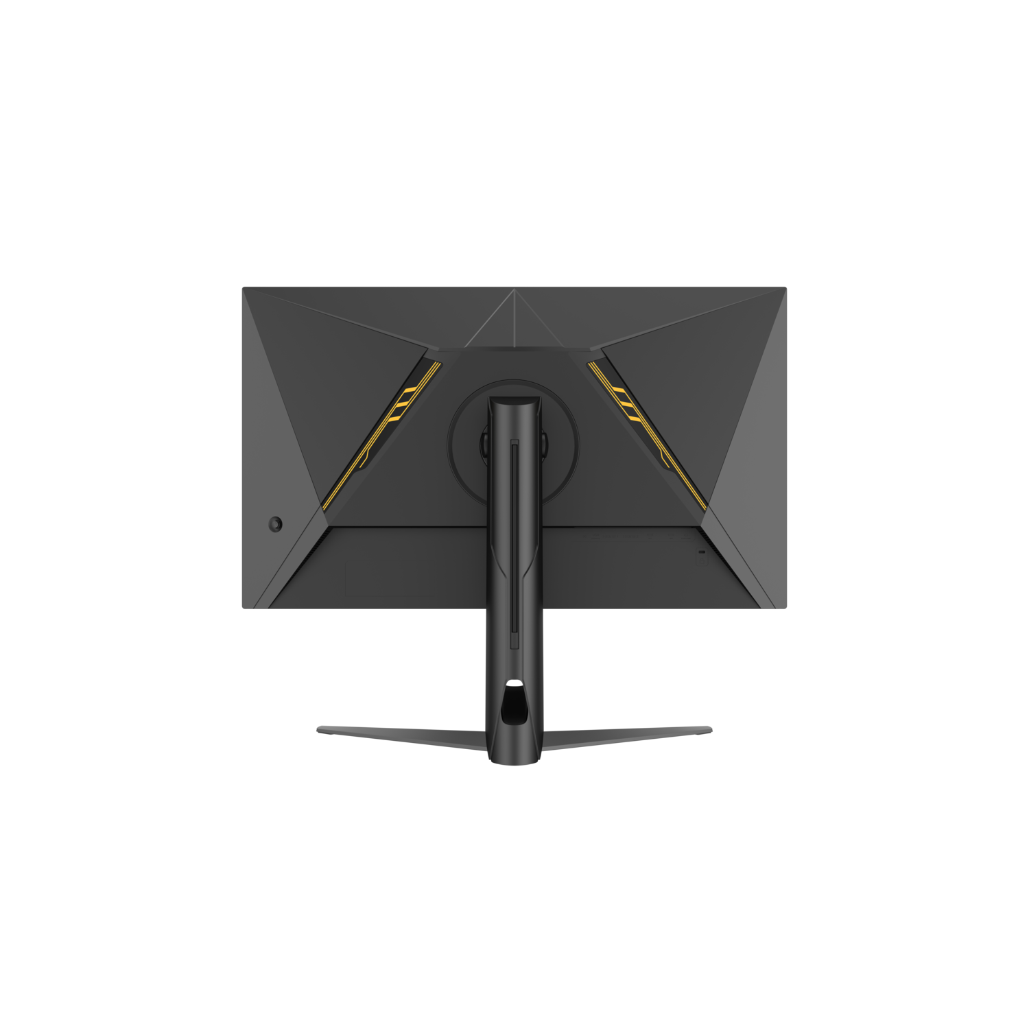 Achteraanzicht van een zwarte computermonitor met gele accenten. De monitor staat op een zwarte standaard, de achtergrond is zwart.