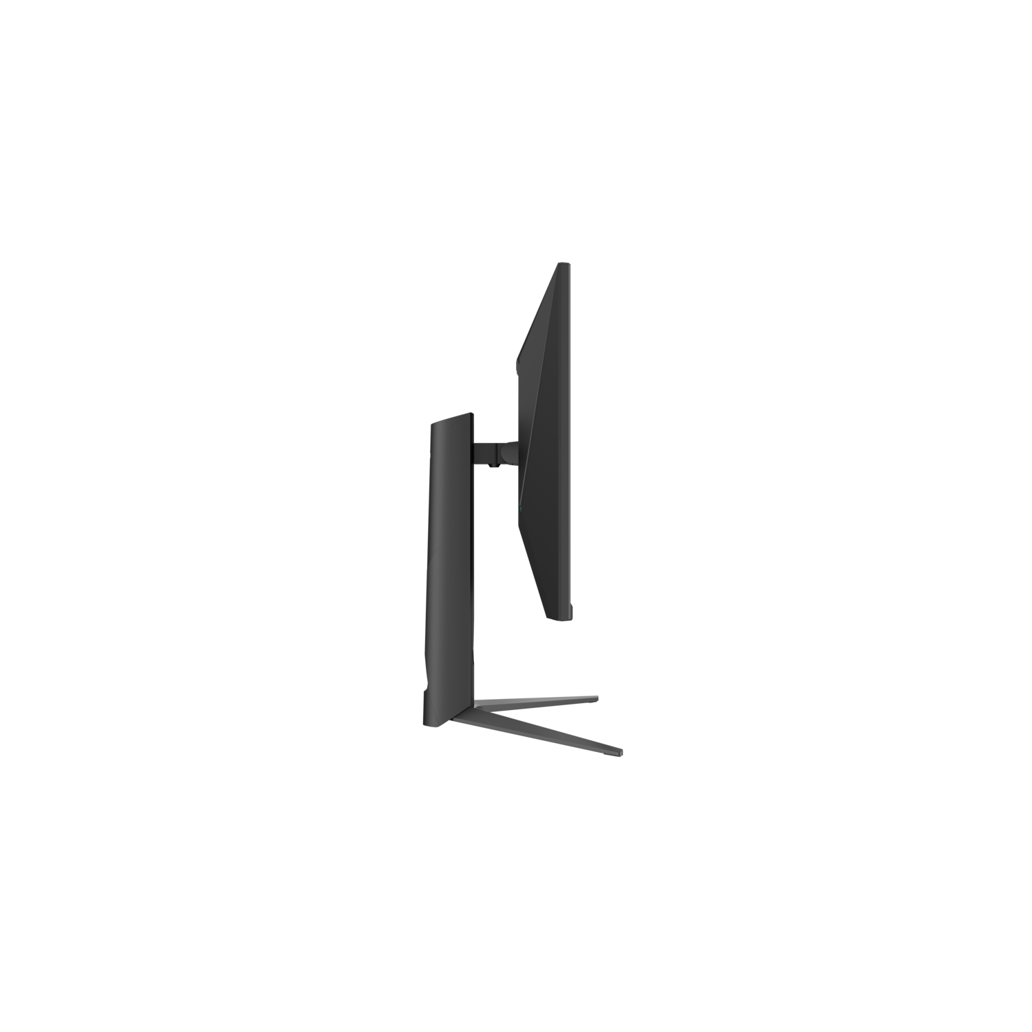 Zijaanzicht van een zwarte computermonitor met standaard tegen een zwarte achtergrond.