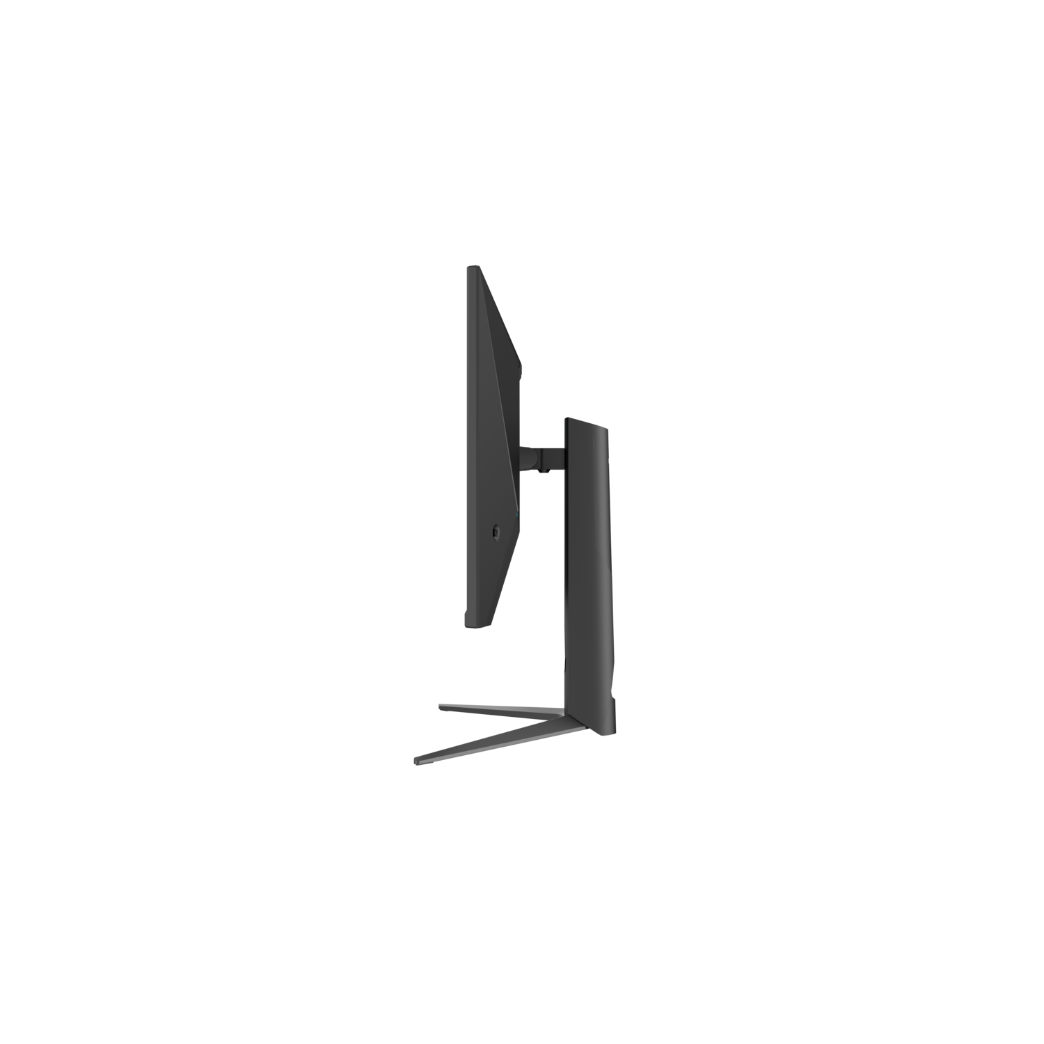 Zijaanzicht van een zwarte computermonitor. Scherm, standaard en voet zijn zichtbaar tegen een zwarte achtergrond.