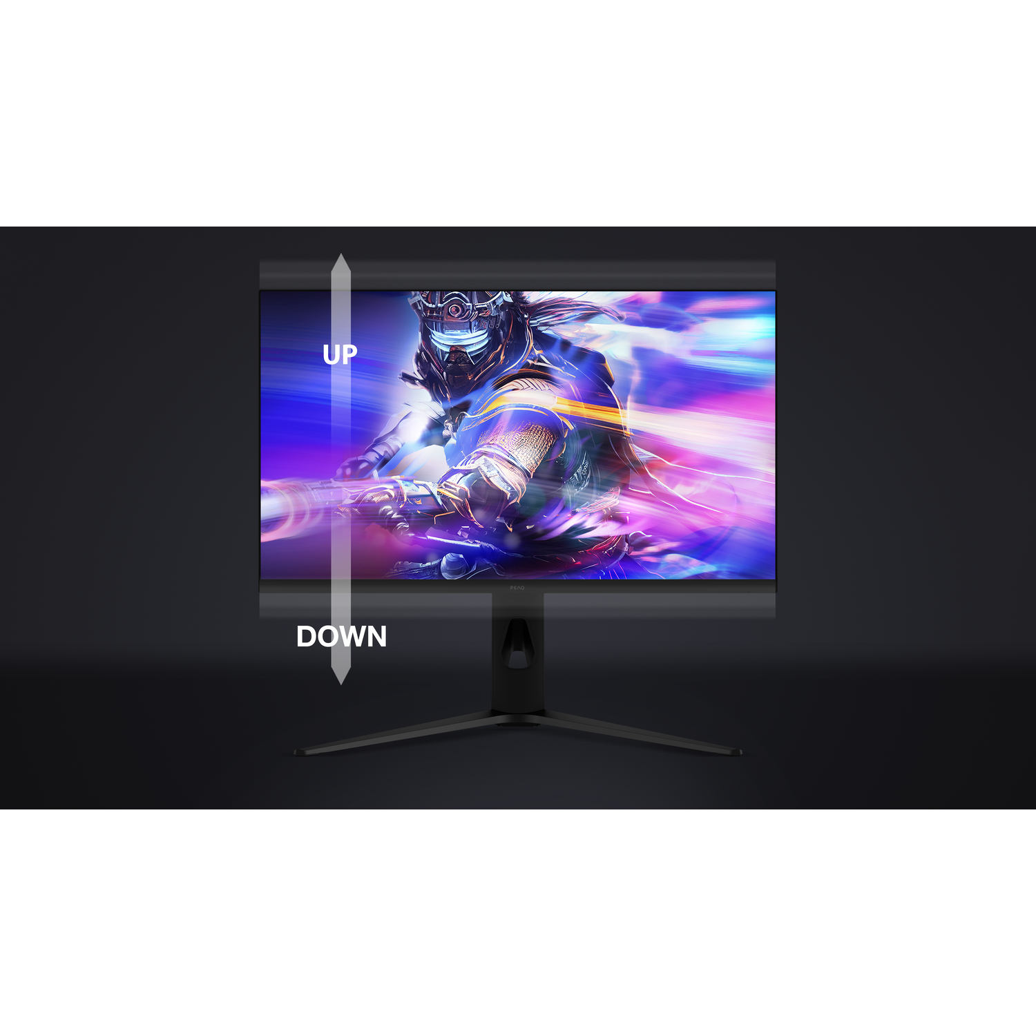 Een gaming monitor toont een kleurrijke game scene. Pijlen wijzen omhoog en omlaag. De monitor heeft een zwarte standaard tegen een donkere achtergrond.
