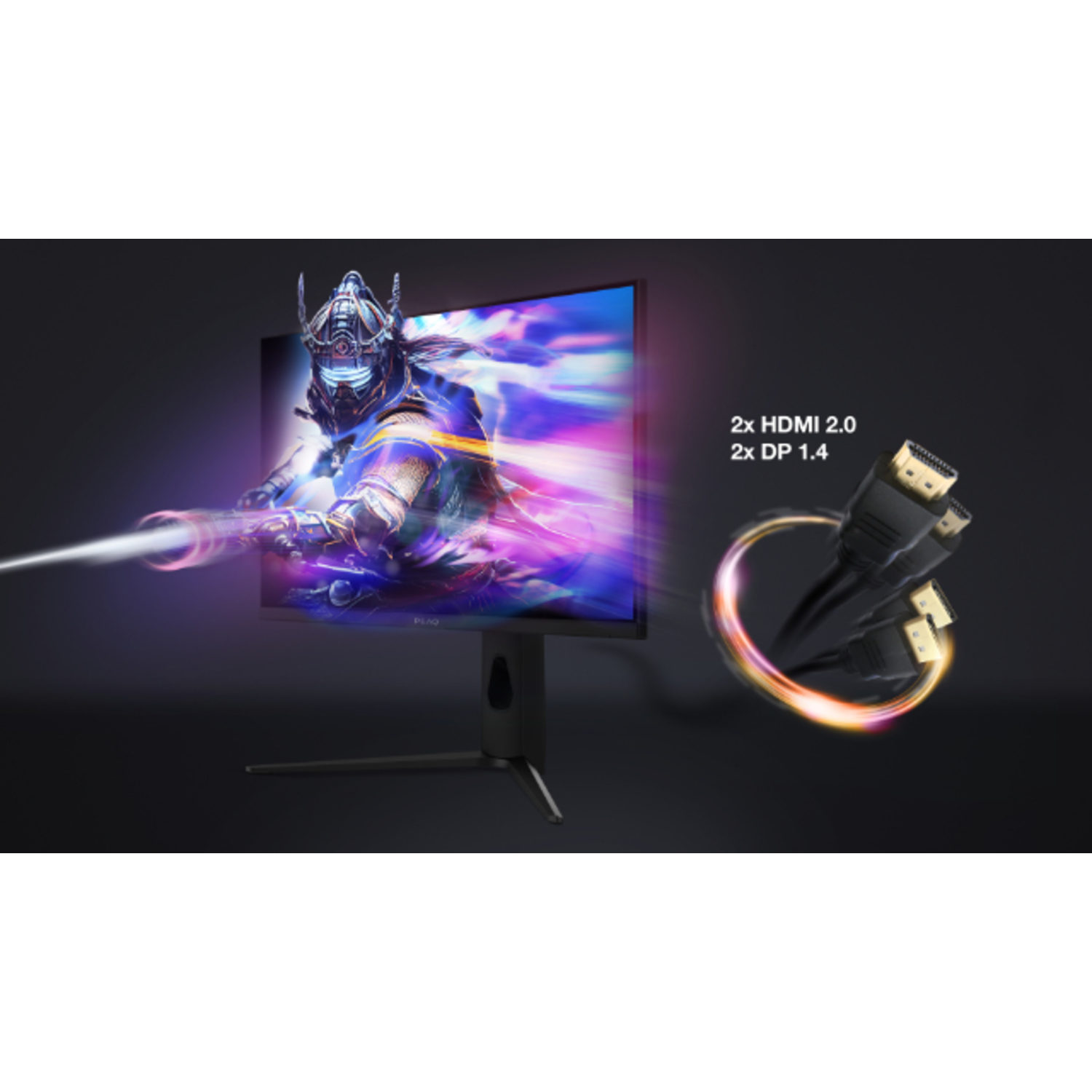 Een monitor toont een vechtende ridder. Kabels en tekst '2x HDMI 2.0 2x DP 1.4' rechts. Zwarte achtergrond.