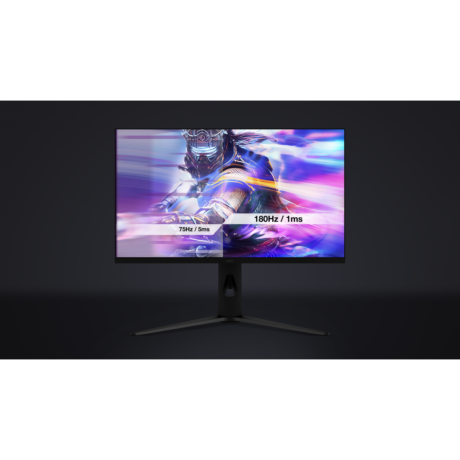 Een gaming monitor met een futuristisch design. Het scherm toont een kleurrijke actiescène. Specificaties: 180Hz/1ms en 75Hz/5ms.