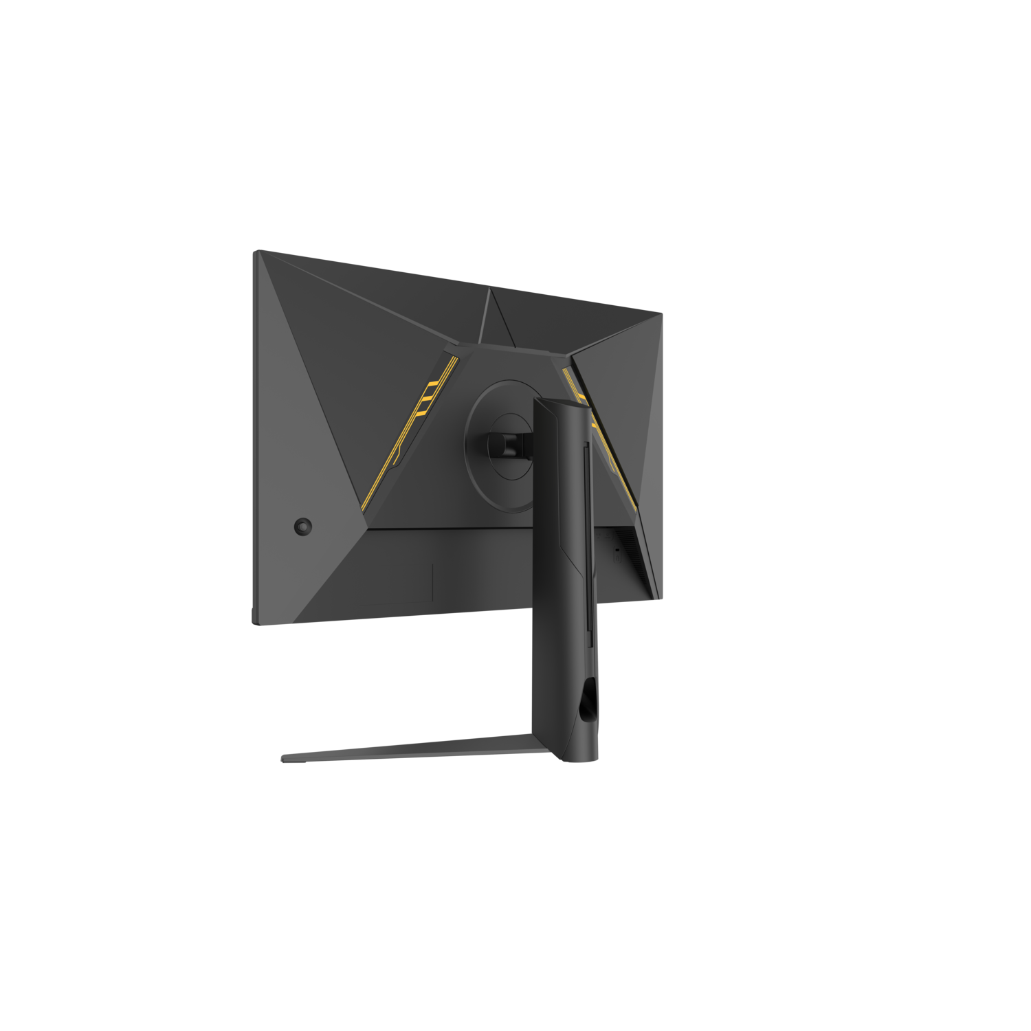Achterkant van een zwarte computermonitor met gouden accenten. De standaard is zwart. De achtergrond is zwart.
