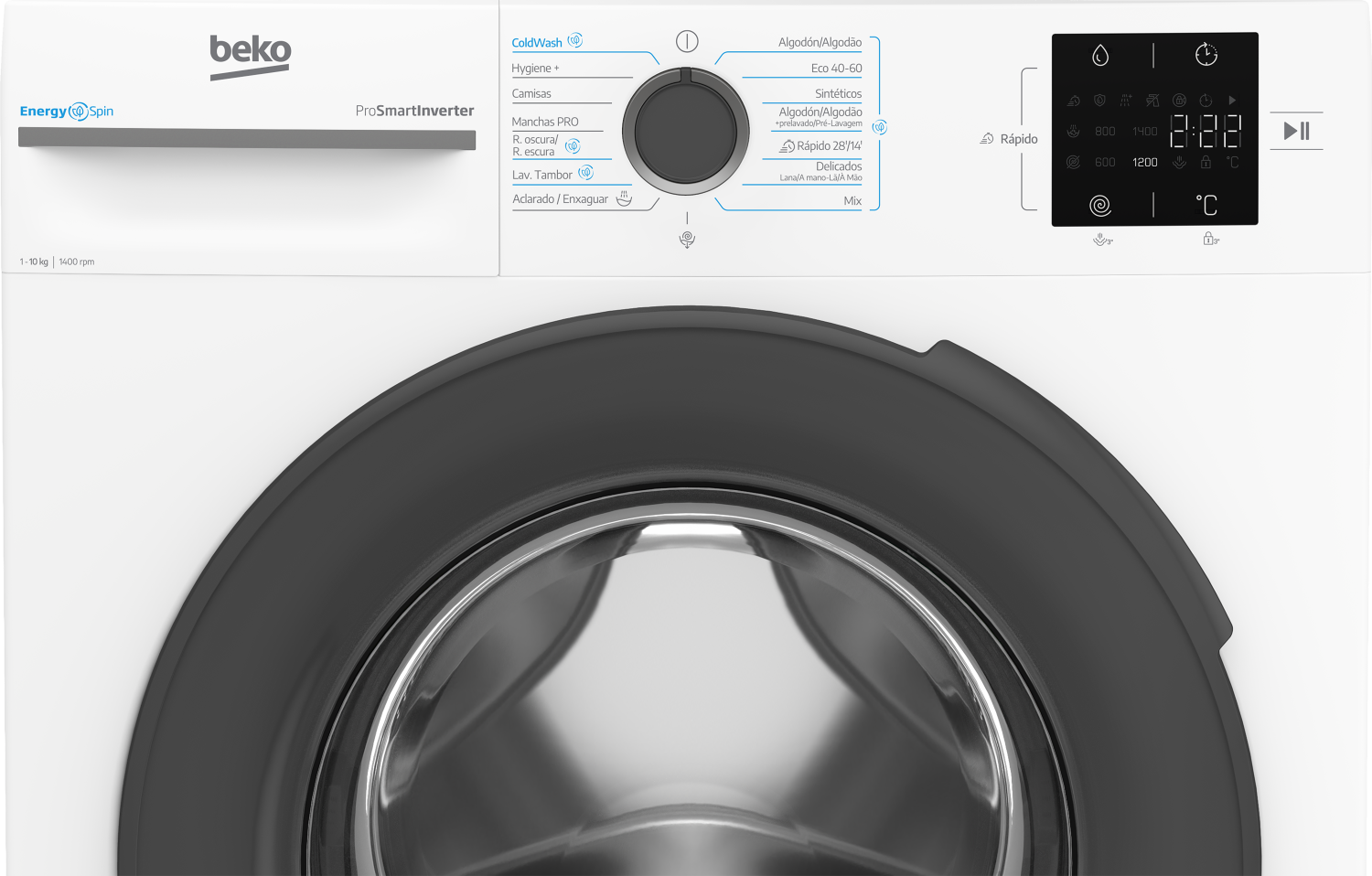 Panel de control de lavadora. Incluye un dial para ciclos de lavado, una pantalla digital y botones para ajustes.