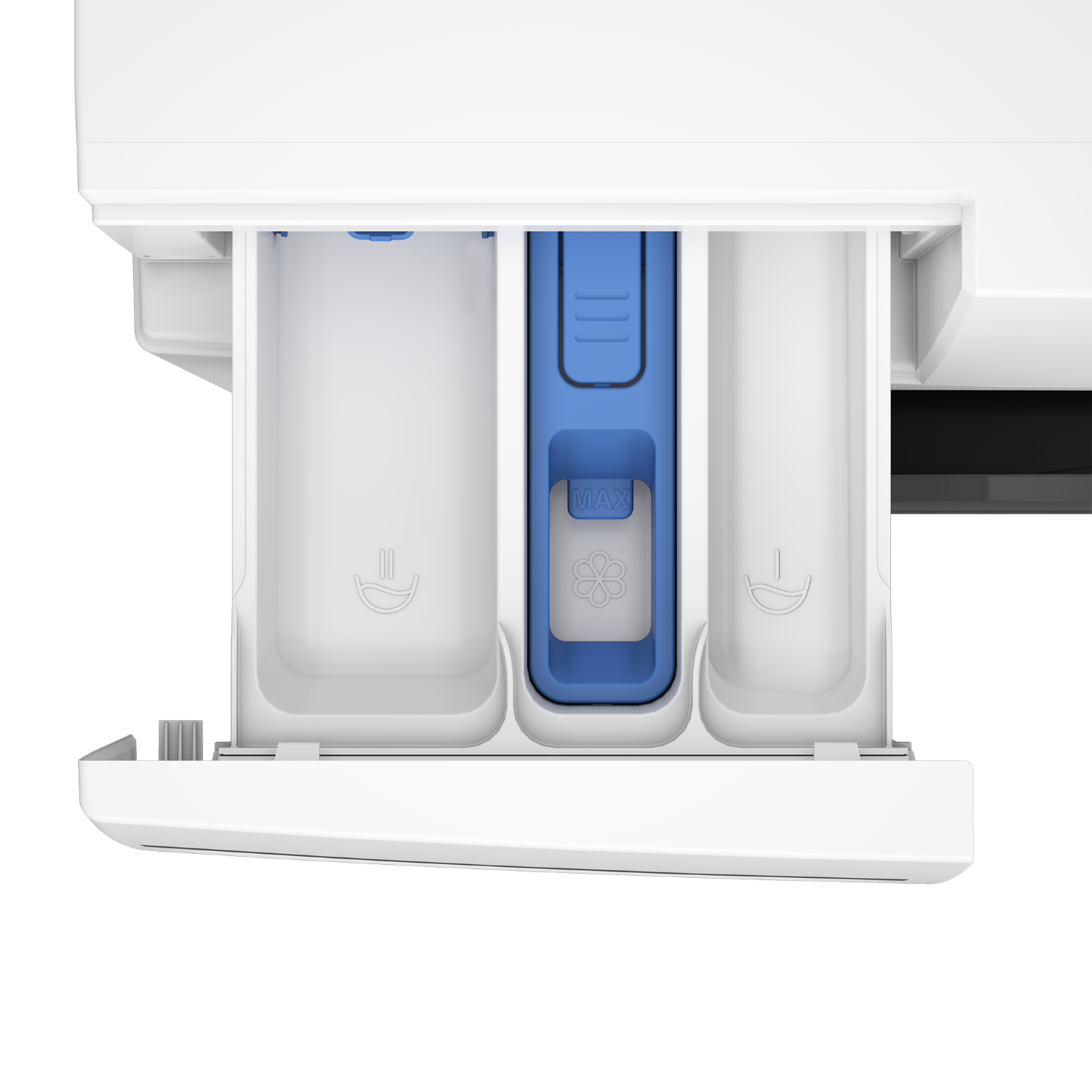 Primer plano de un dispensador blanco de detergente para lavadora con tres compartimentos. El del medio es azul con una marca MAX.