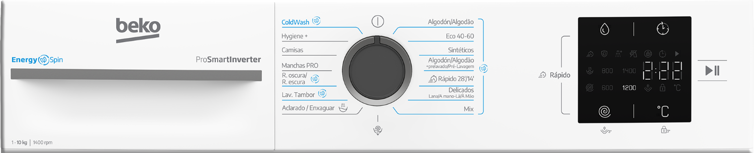 Panel de control blanco de lavadora. Cuenta con un dial para programas, una pantalla digital y botones.