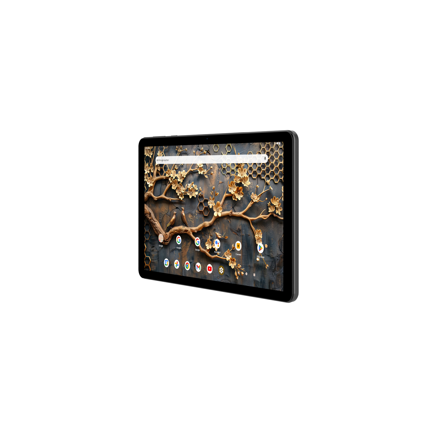 A tablet displays a floral background with icons. The tablet is black, screen shows a gold flower design and app icons. 