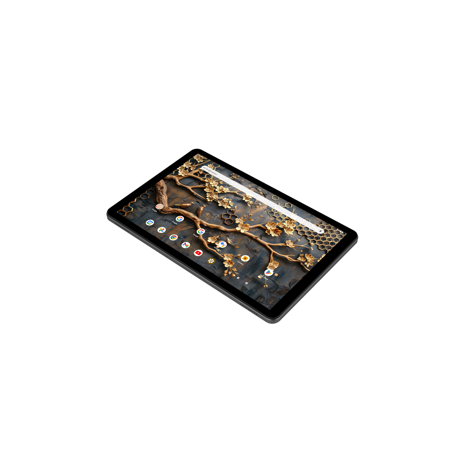 A black tablet displays a nature-themed wallpaper with a honeycomb pattern and golden branches on a dark background. The tablet is isolated.
