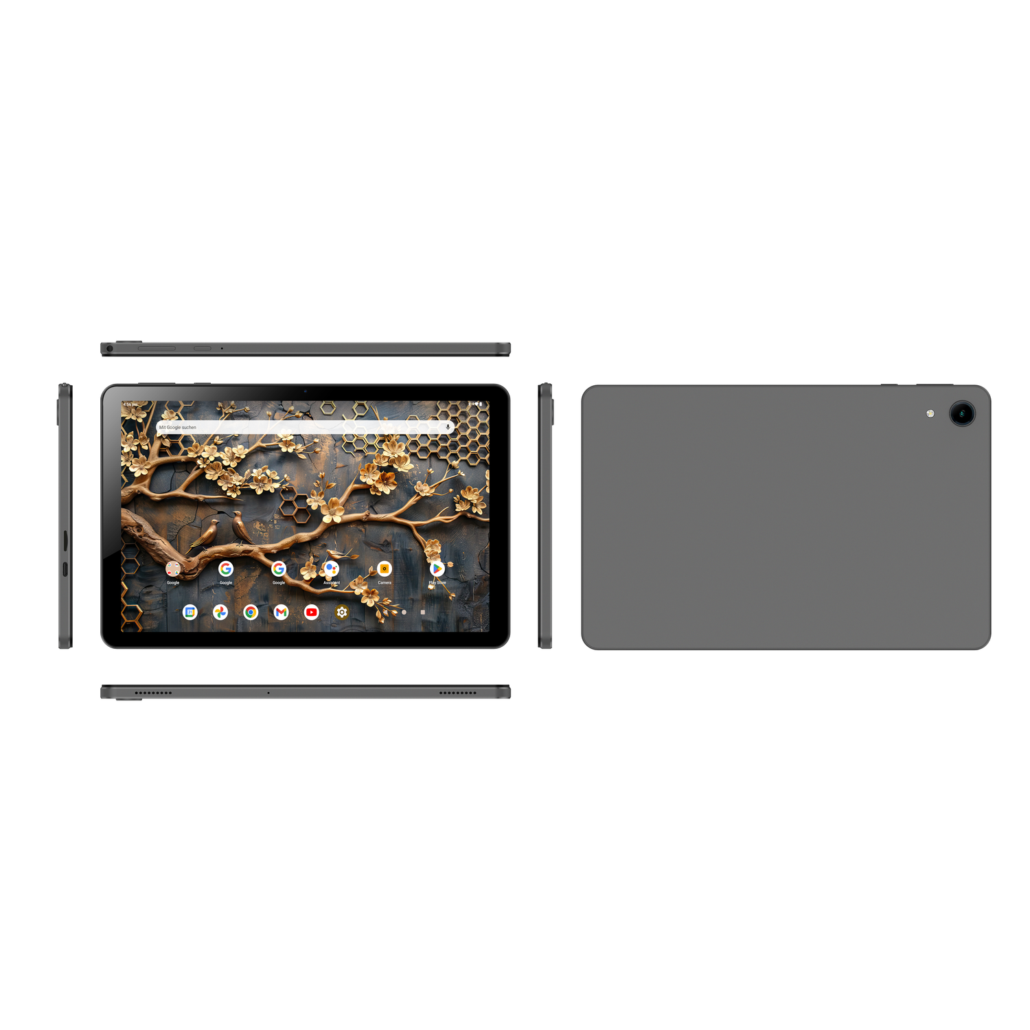 A grey tablet is displayed from multiple angles. The screen shows a floral design wallpaper. The back is plain grey with a camera.