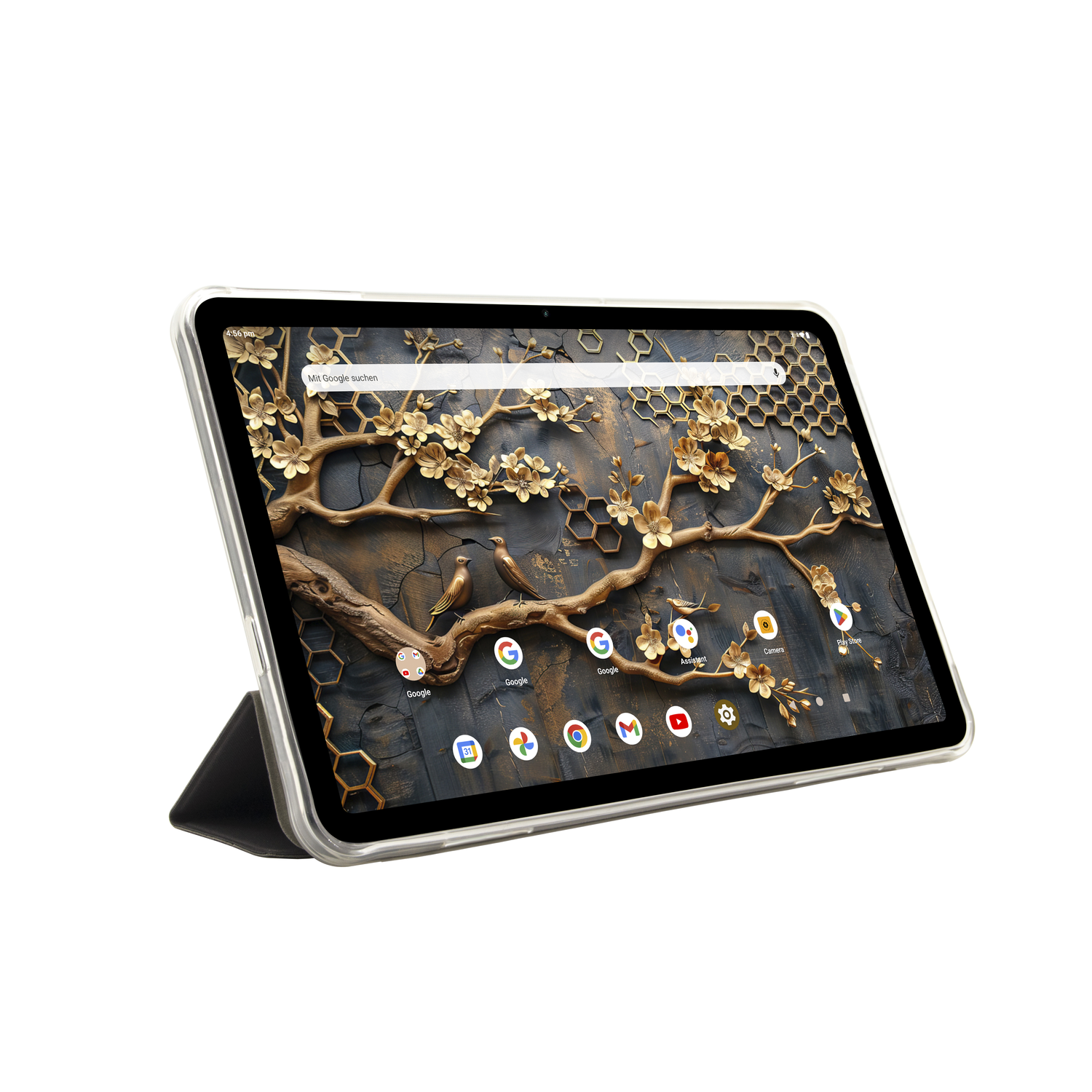 Tablet displaying a floral design with birds. It has a clear case and a black stand. Icons like Google are visible on the screen.