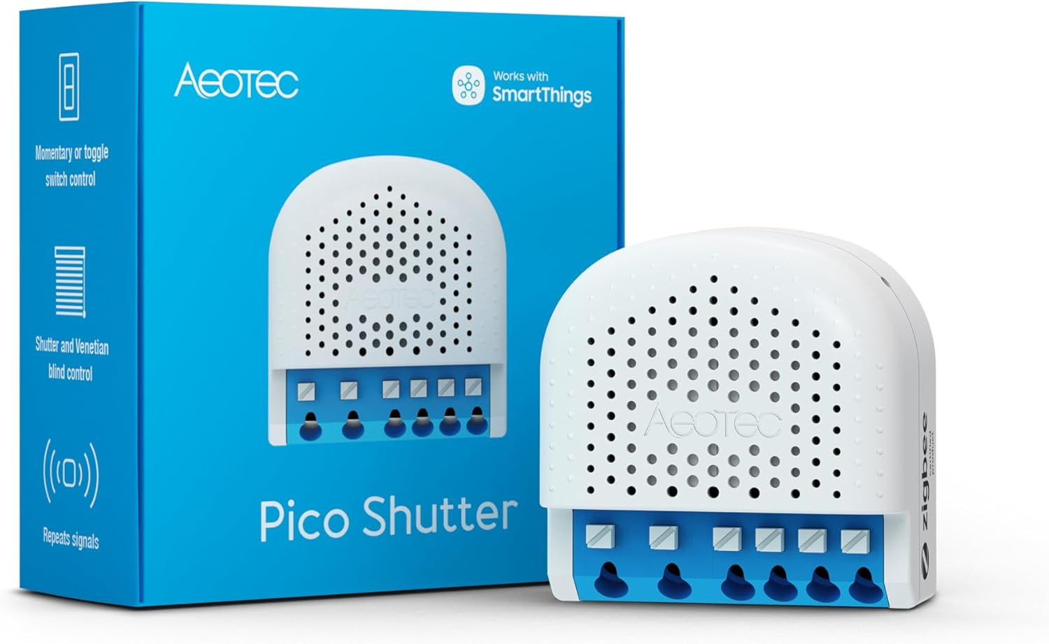 Egy fehér Pico Shutter készülék és doboz, Aeotec márkajelzéssel és SmartThings logóval. A doboz kék. Zsalukat és redőnyöket vezérel.