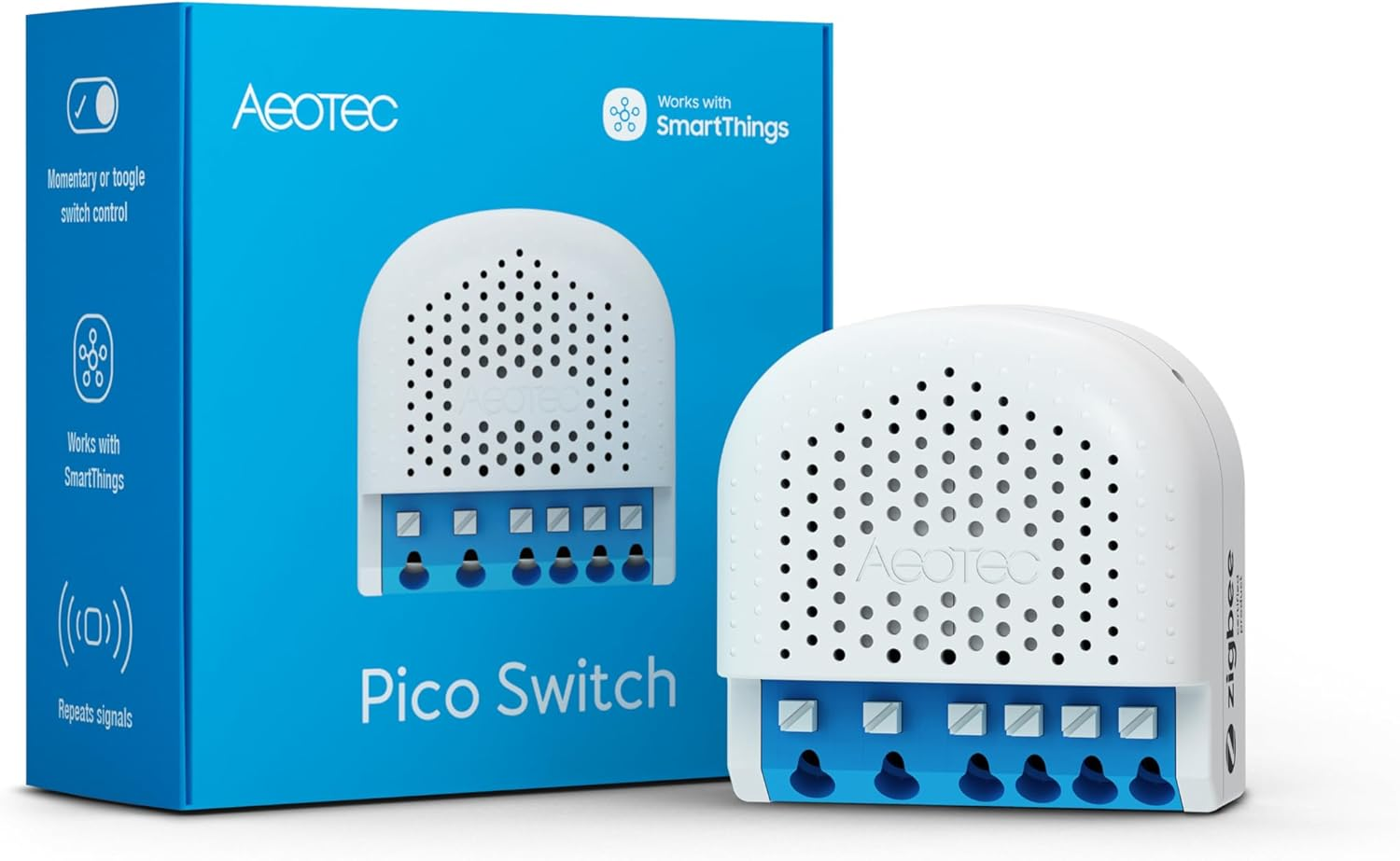 Fehér és kék Aeotec Pico Switch dobozzal. A doboz kék, fehér szöveggel és ikonokkal. A kapcsoló a jobb oldalon van.