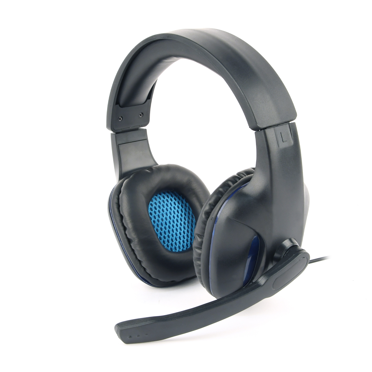 Cuffie da gioco nere con padiglioni in rete blu e microfono su sfondo bianco.