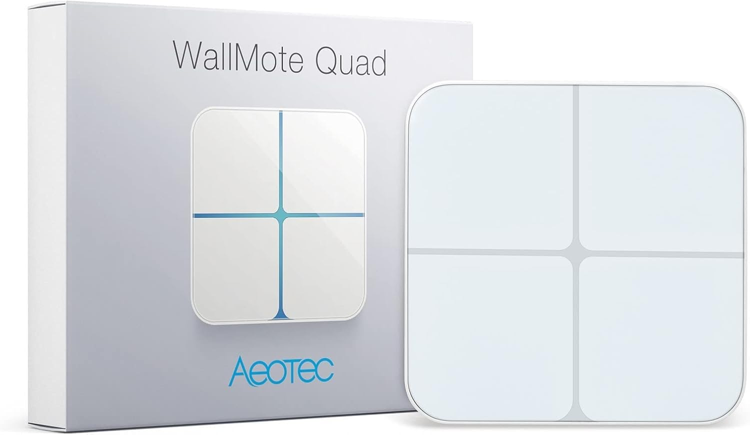 Egy fehér WallMote Quad készülék és a doboza. A készülék négy érintési területtel rendelkezik. A dobozon a 'WallMote Quad' és az 'Aeotec' felirat látható.