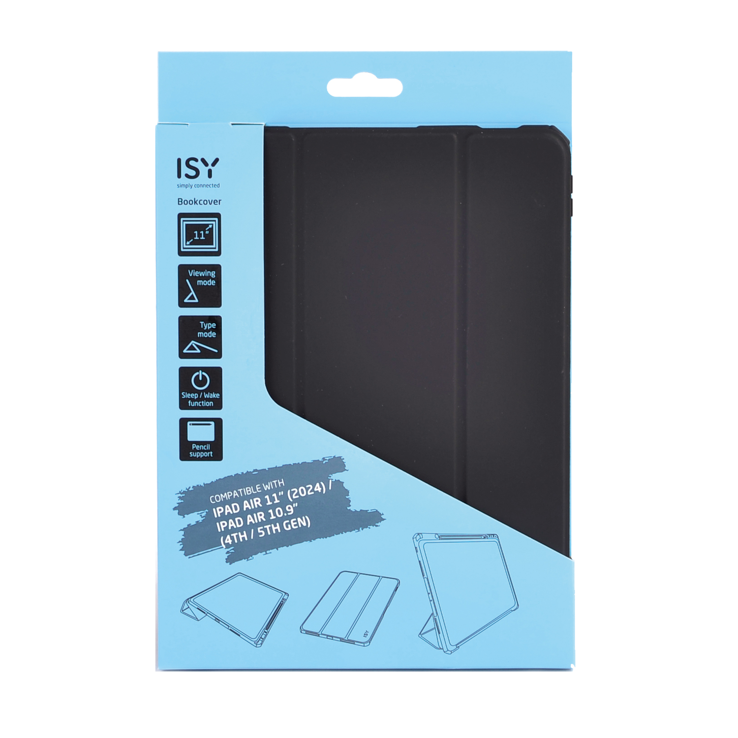 Een zwarte ISY bookcover doos voor iPad Air. Het toont functies zoals weergavemodus, type-modus en potloodondersteuning. Compatibel met iPad Air 11" en 10.9".