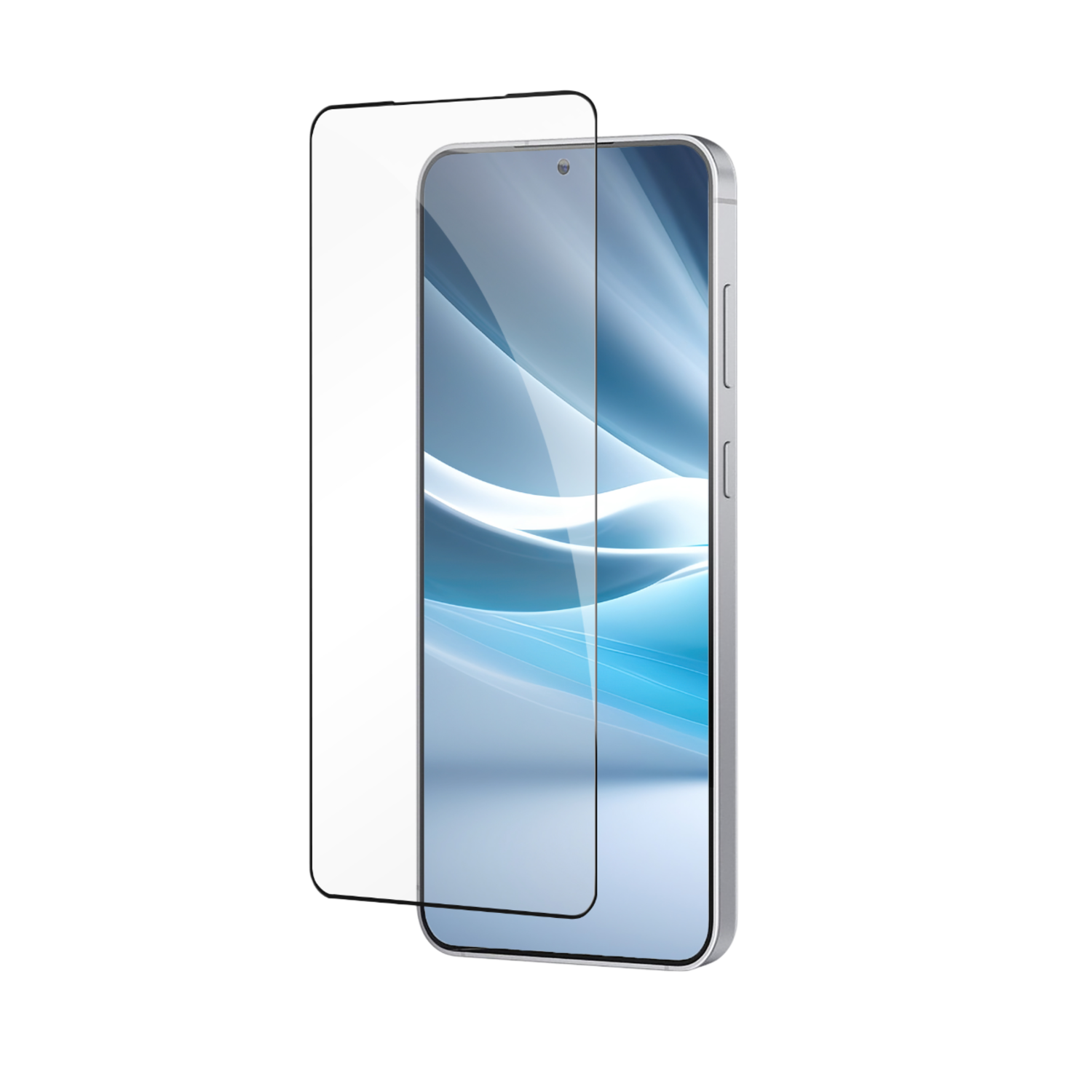 Een smartphone met een schermbeschermer wordt weergegeven. De telefoon heeft een zilveren frame en een scherm met blauwe golven. De achtergrond is zwart.