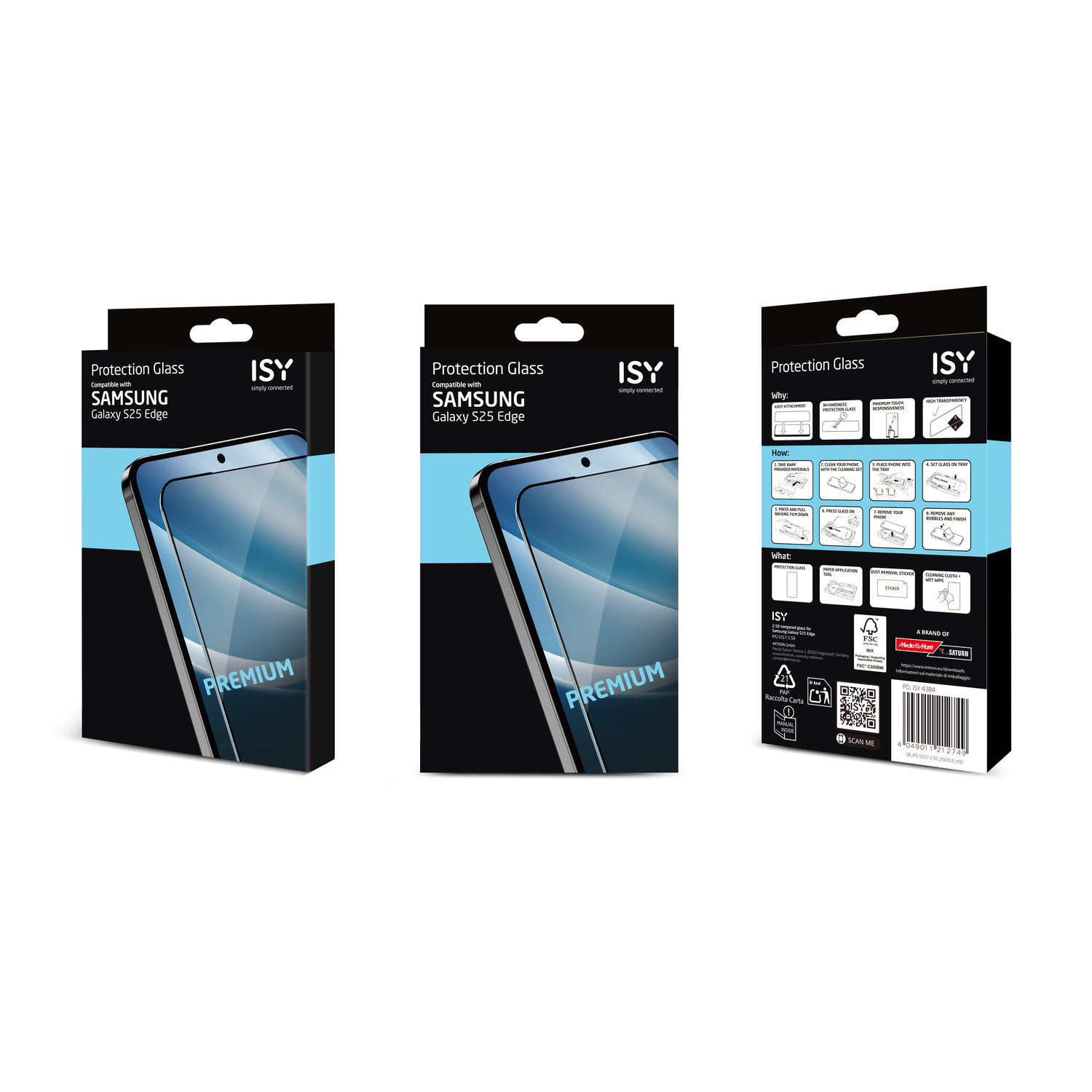 Verpakking voor een schermbeschermer, merk ISY, voor Samsung Galaxy S25 Edge. Inclusief instructies en productdetails.