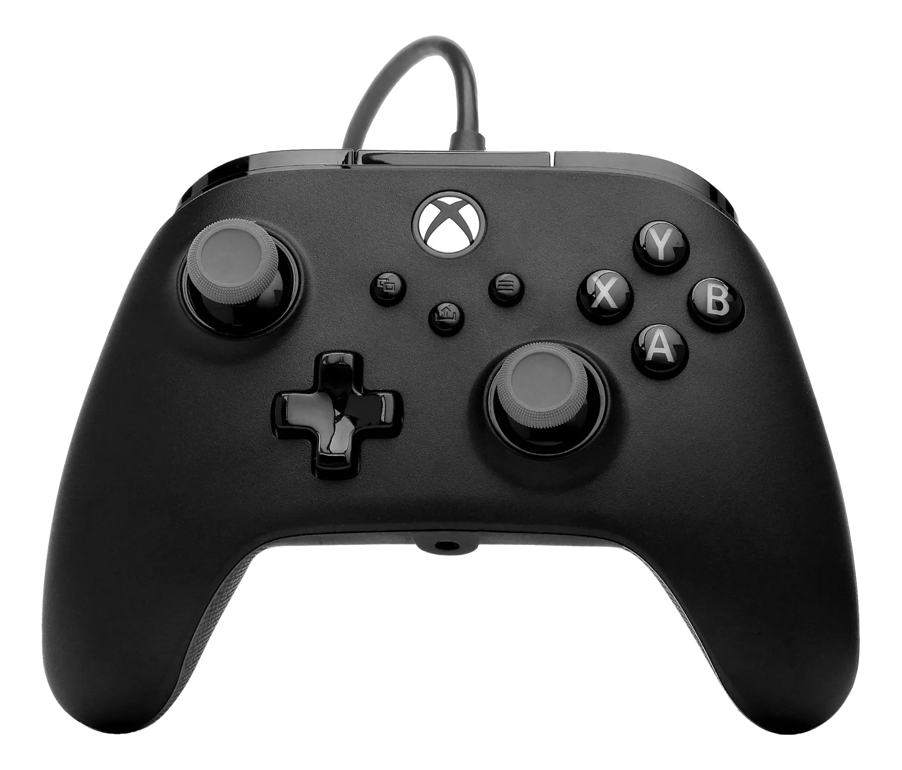 Schwarzer Xbox-Controller mit Knöpfen, Analogsticks und einem Steuerkreuz. Mit Xbox-Logo und angeschlossenem Kabel.