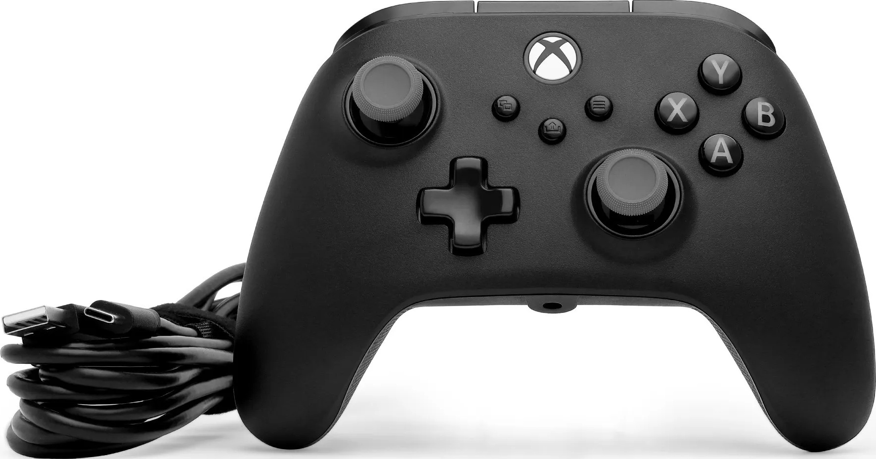 Schwarzer Xbox-Controller mit Knöpfen, Joysticks und Kabel. Das Xbox-Logo ist sichtbar. Knöpfe sind A, B, X, Y.