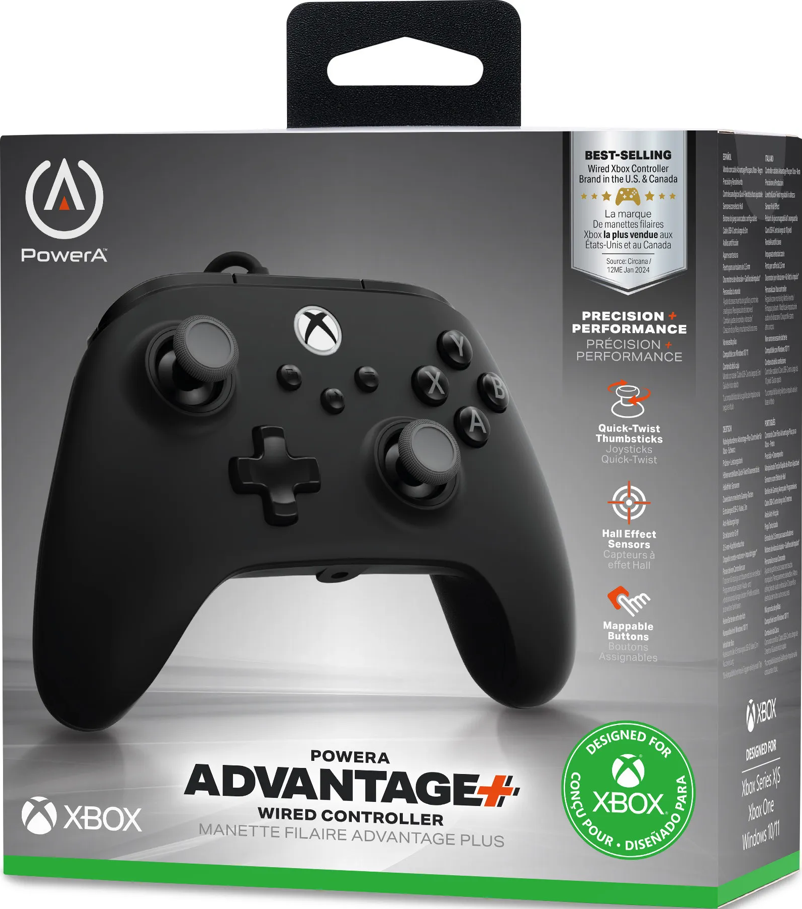Ein schwarzer Xbox-Controller in seiner Verpackung. Die Box zeigt den Controller, das PowerA-Branding und Funktionen wie Präzisionsleistung.