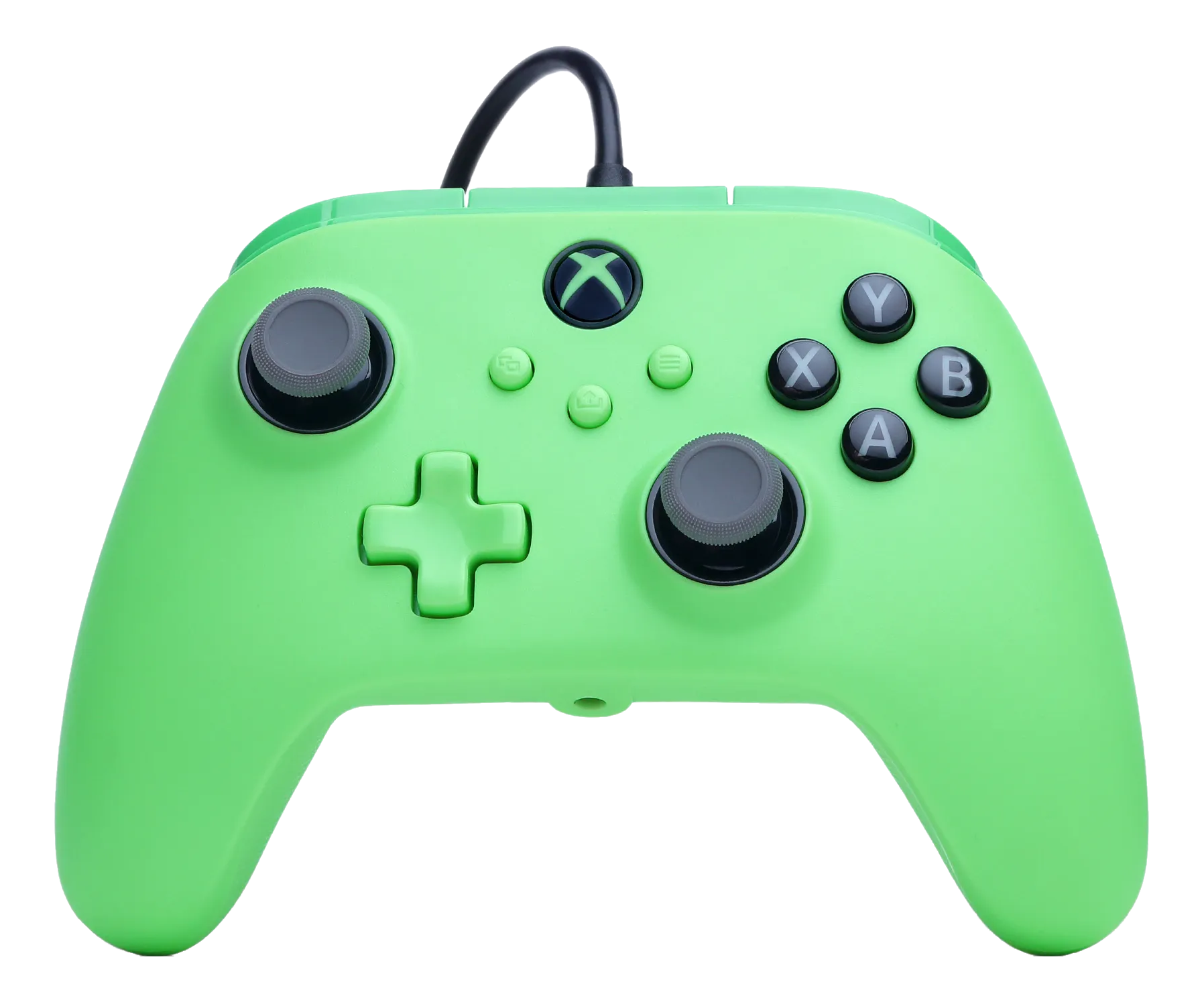 Ein neongrüner Xbox-Controller mit schwarzen Knöpfen und Joysticks, ein schwarzes Kabel ist angebracht.