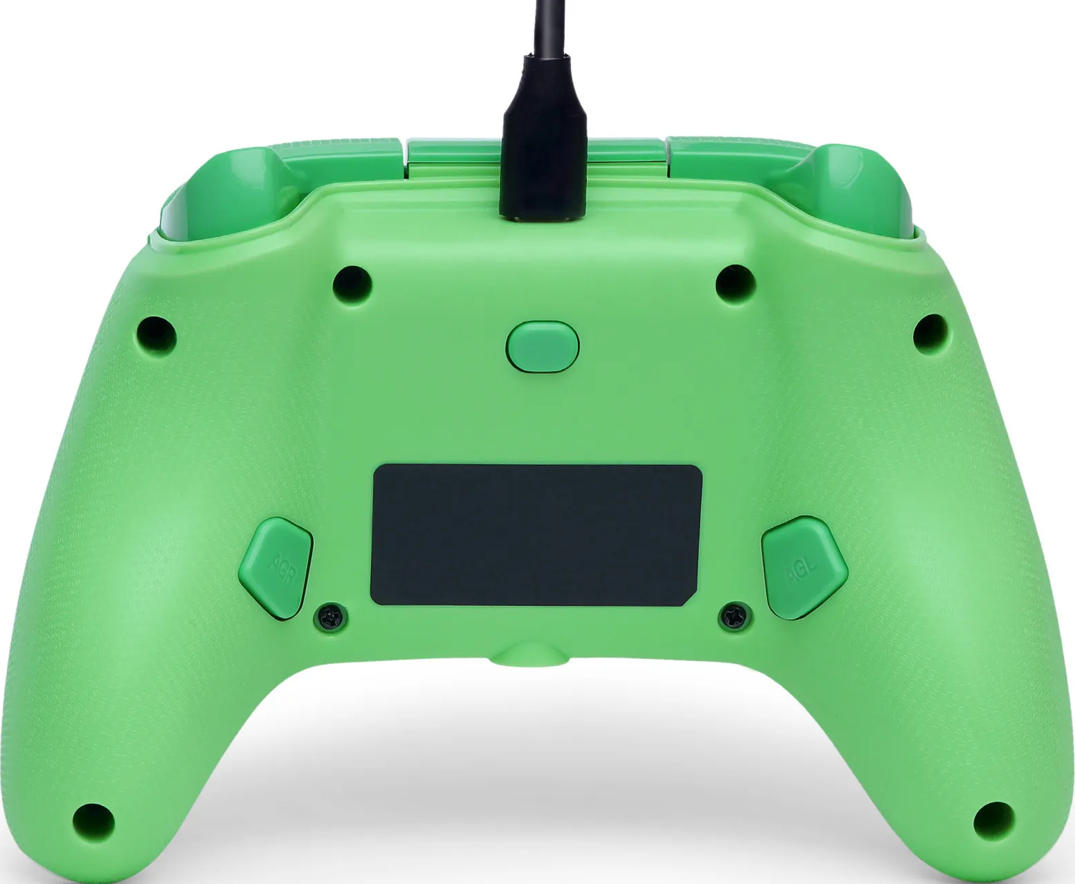 Ein hellgrüner Videospiel-Controller mit angeschlossenem schwarzem Kabel. Er hat Knöpfe und eine strukturierte Oberfläche.