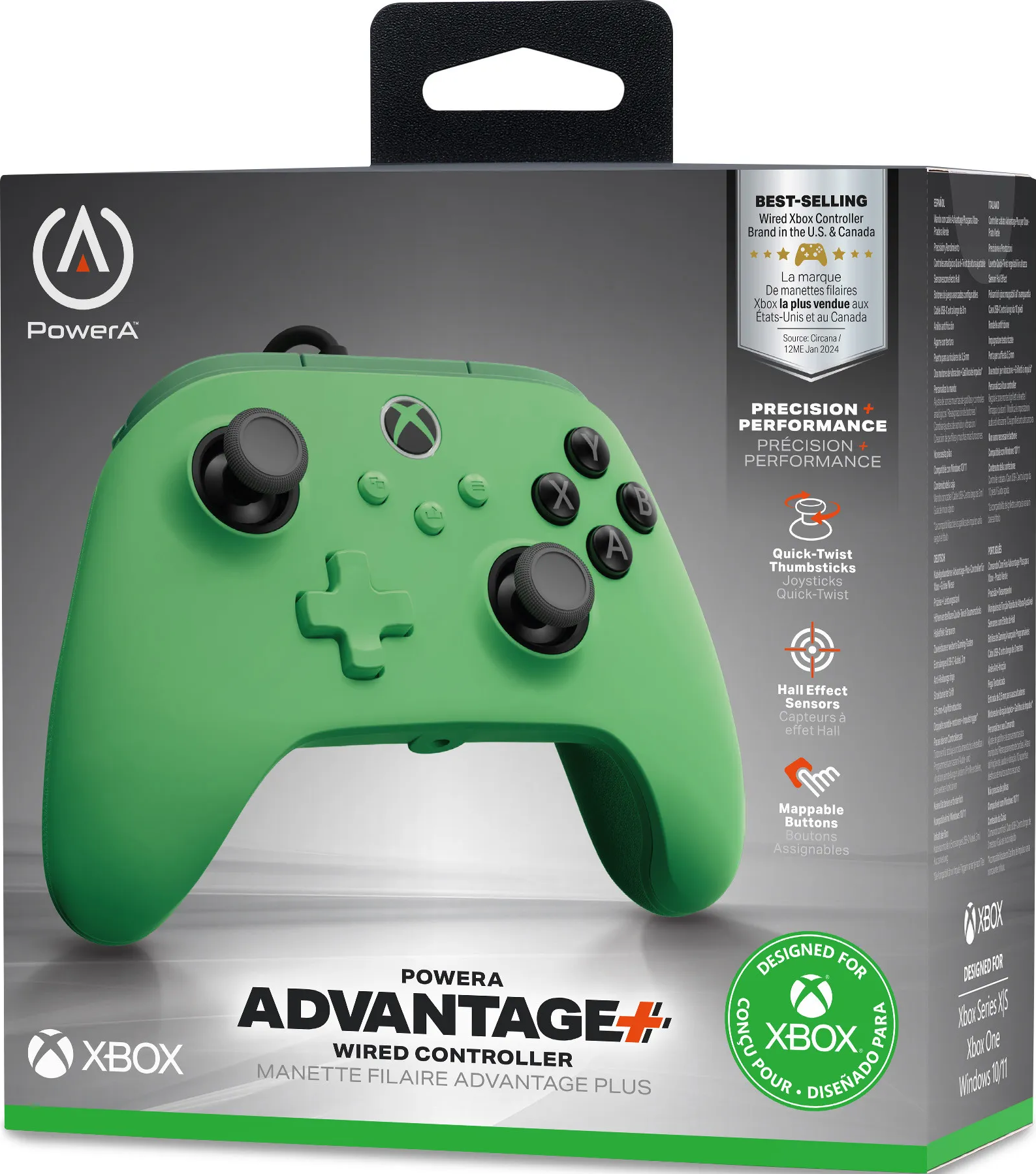 Grüner Xbox-Controller in einer Box, mit schwarzen Joysticks und Tasten. Die Box hat Text und Logos.