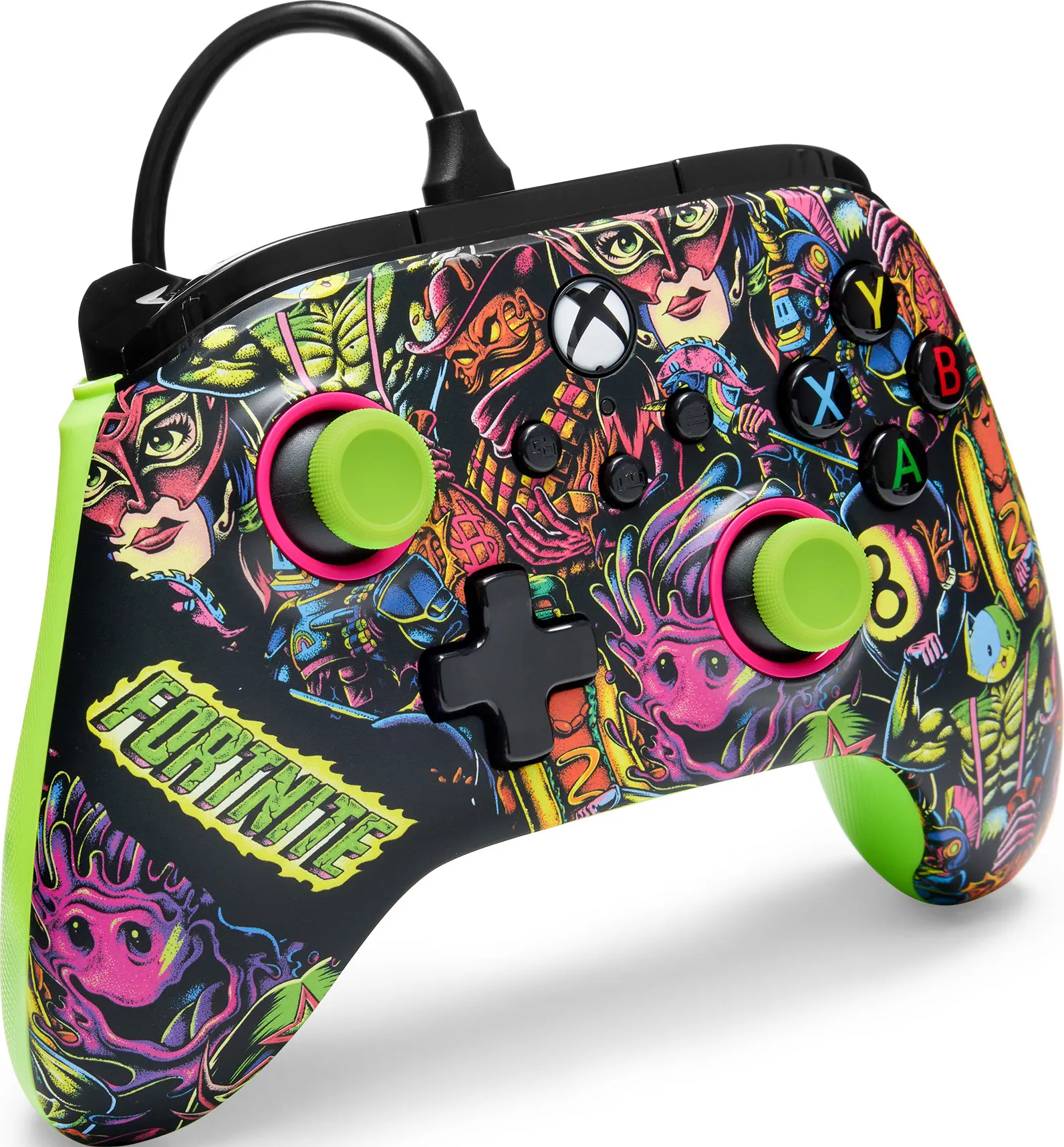 Ein Xbox-Controller mit Fortnite-Design. Er hat eine schwarze Basis, grüne Akzente und farbenfrohe Bilder.