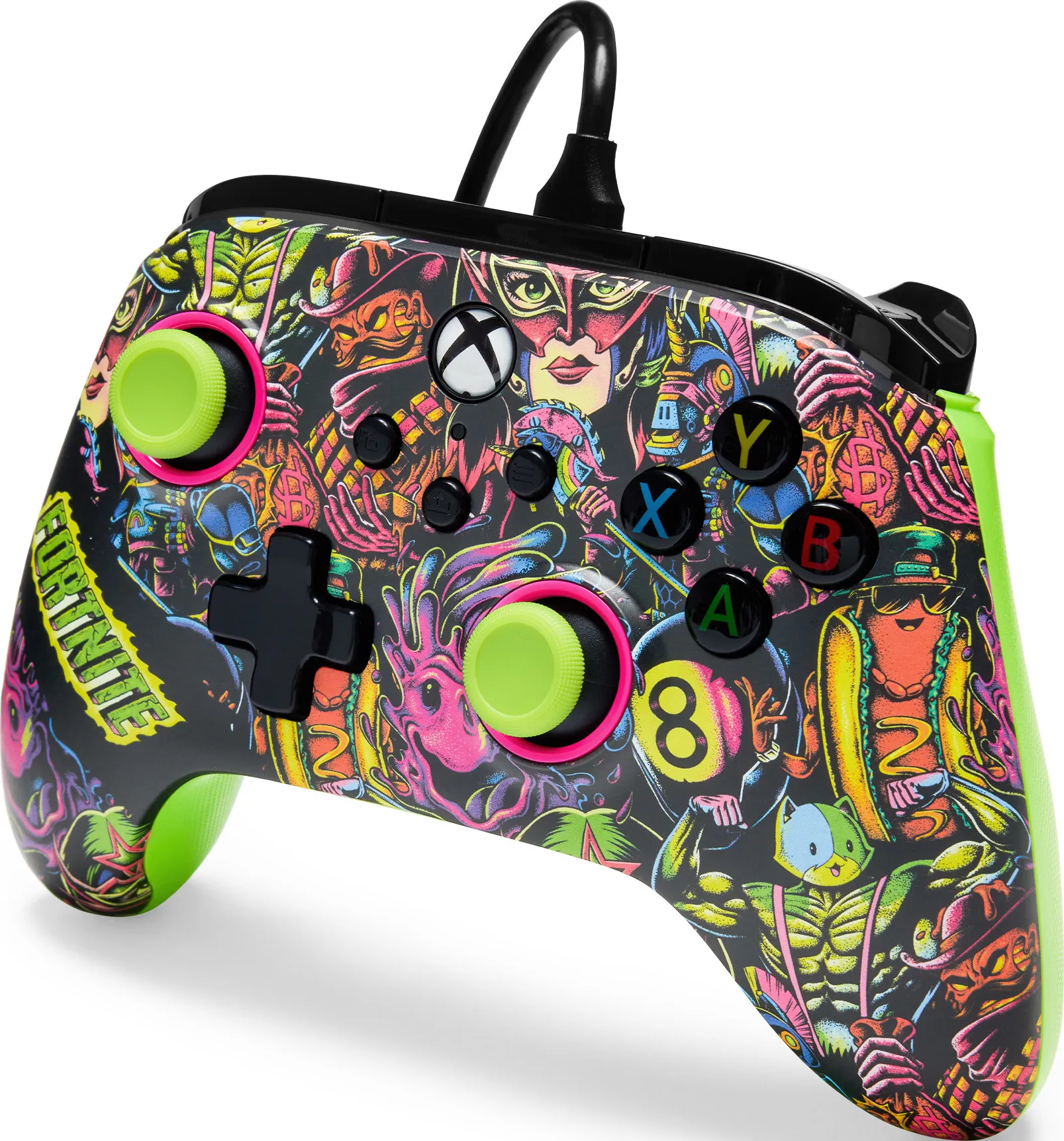 Xbox-Controller mit schwarzem Grund, grünen Akzenten und farbenfrohem Fortnite-Design. Mit Tasten, Joysticks und Kabelanschluss.
