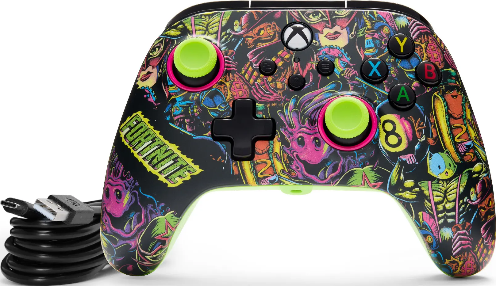 Xbox-Controller mit Fortnite-Design. Schwarz mit neongrünen und rosa Akzenten. Mit USB-Kabel. Der Controller hat viele Charaktere darauf.