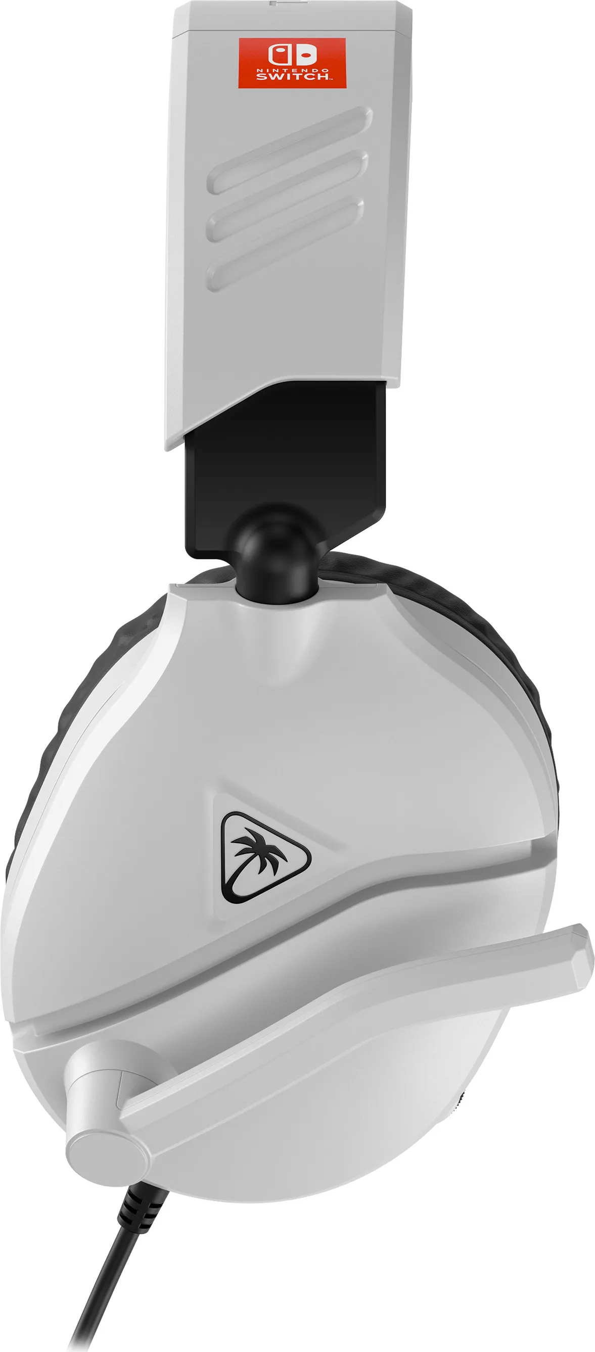 Weißes und schwarzes Gaming-Headset. Es hat ein Nintendo Switch-Logo. Das Headset hat ein Mikrofon und ein Kabel.