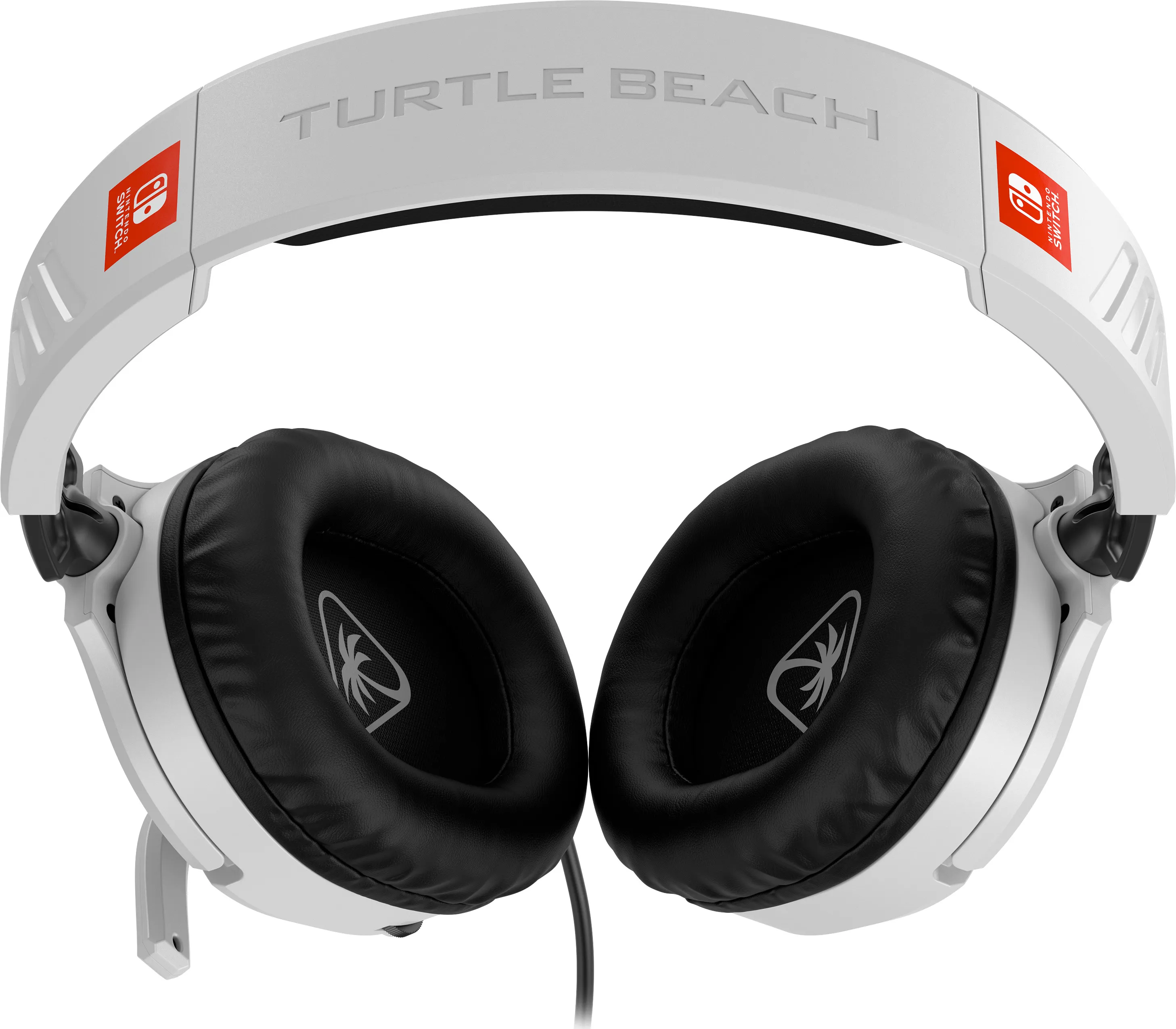 Weißes und schwarzes Turtle Beach Gaming-Headset. Es hat ein Nintendo Switch-Logo. Die Ohrmuscheln sind schwarz und rund.