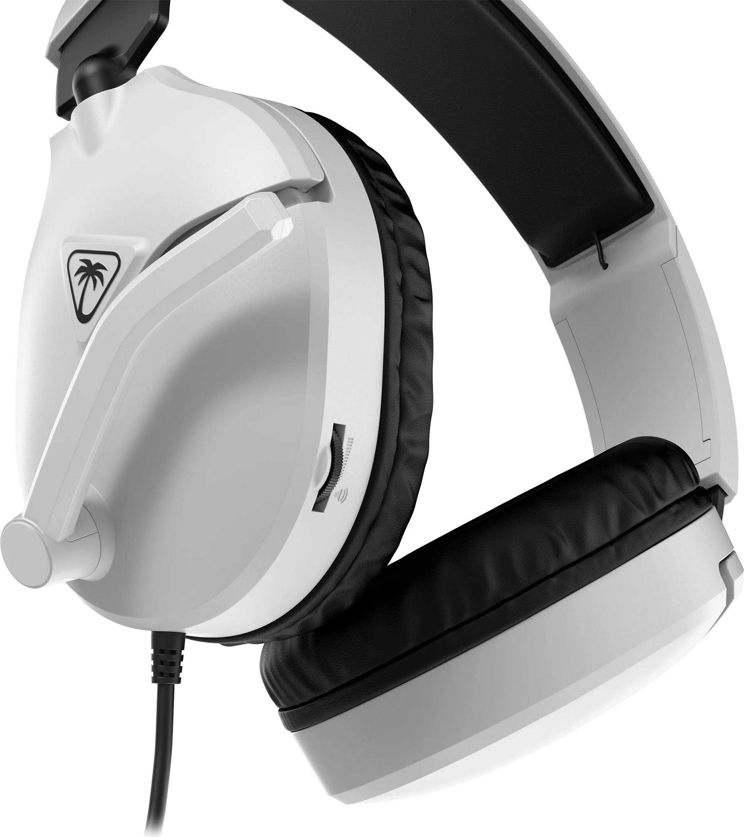 Weiß-schwarzes Headset. Es hat eine Lautstärkeregelung, ein Palmenlogo und ein schwarzes Kabel.