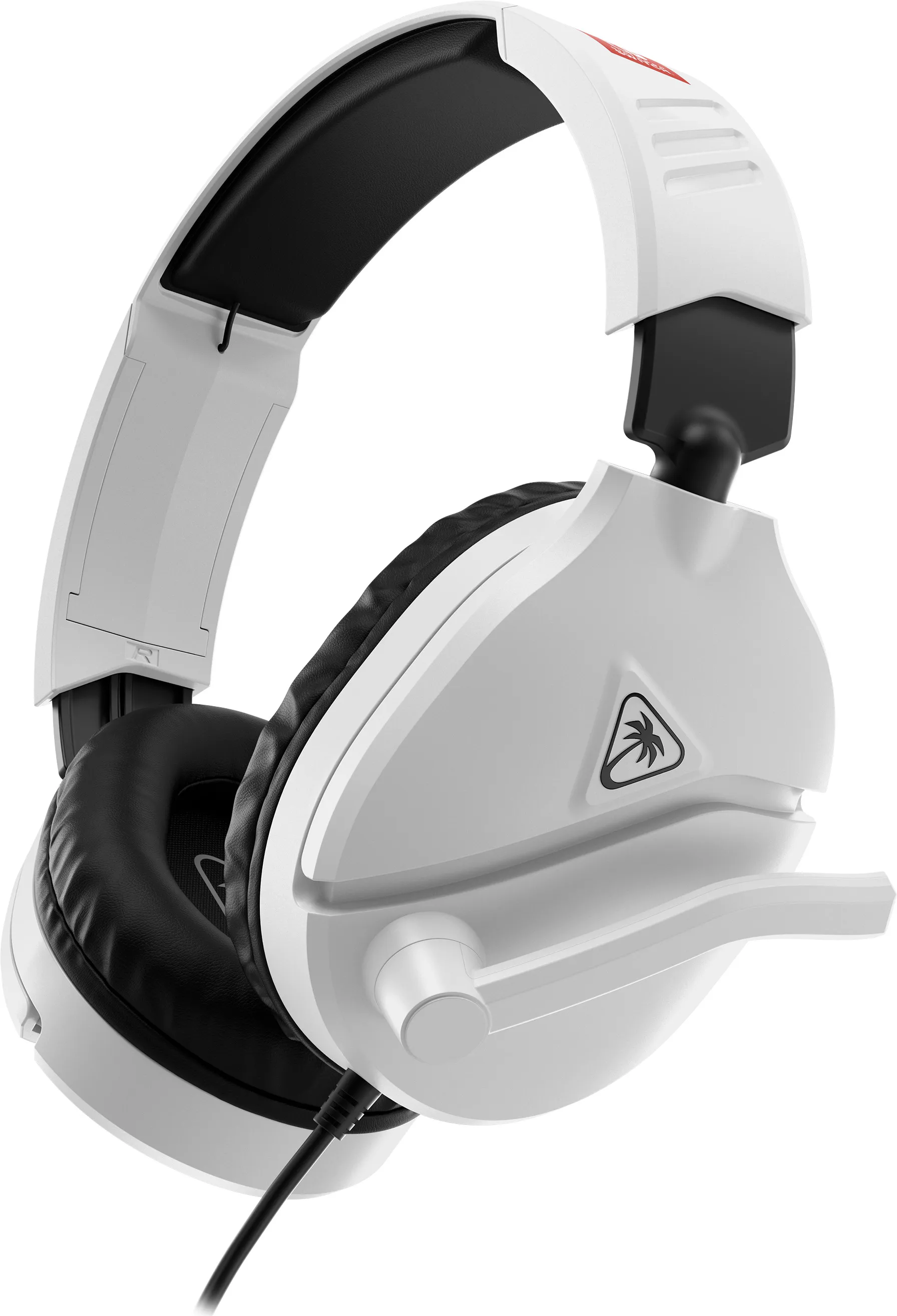 Weißes Gaming-Headset mit schwarzen Ohrmuscheln und Kopfband, einem Mikrofon und einem schwarzen Kabel. Das Logo einer Palme ist sichtbar.