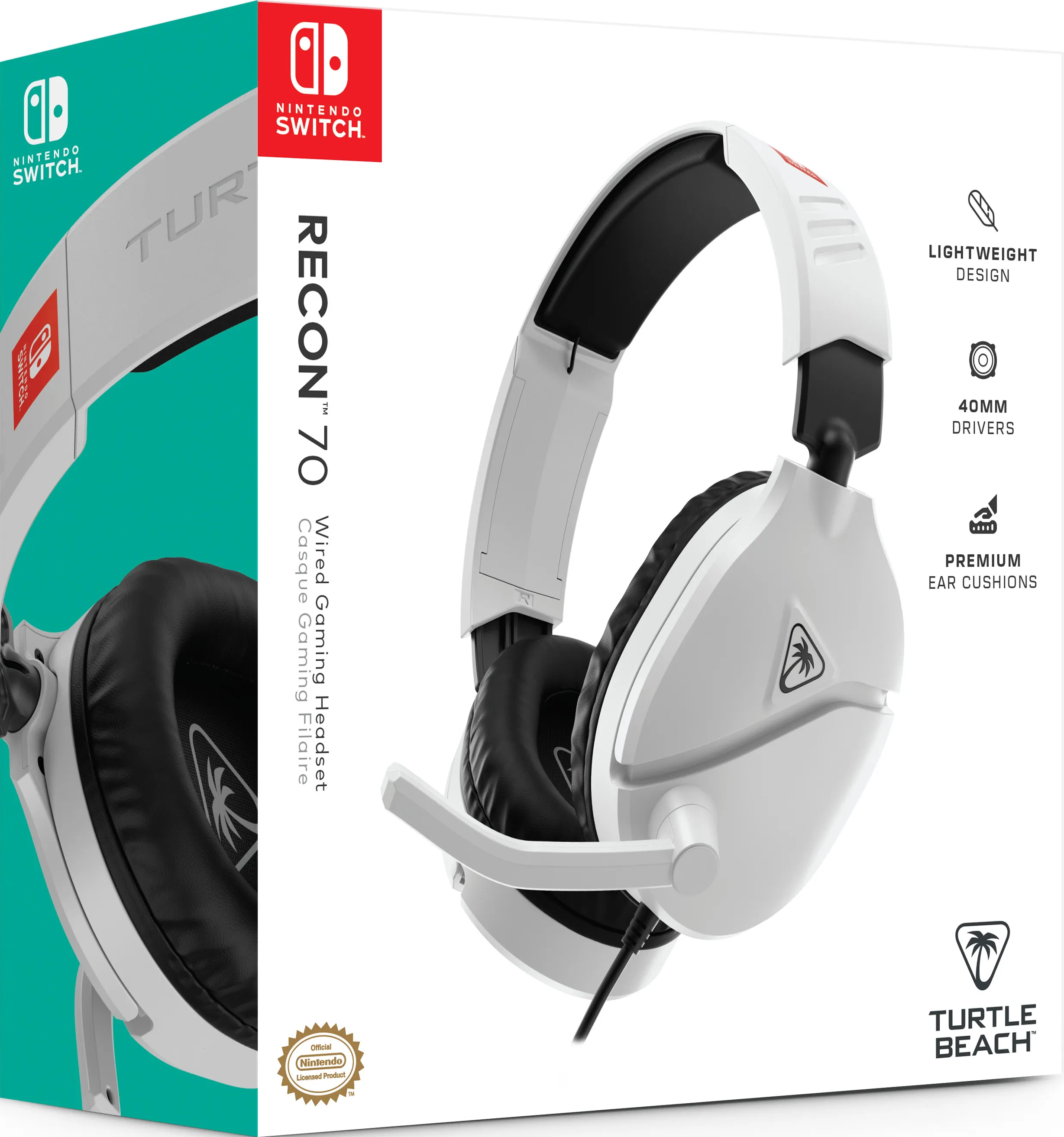 Weißes Gaming-Headset auf einer Box. Merkmale sind leichtes Design, 40-mm-Treiber und Premium-Ohrpolster.