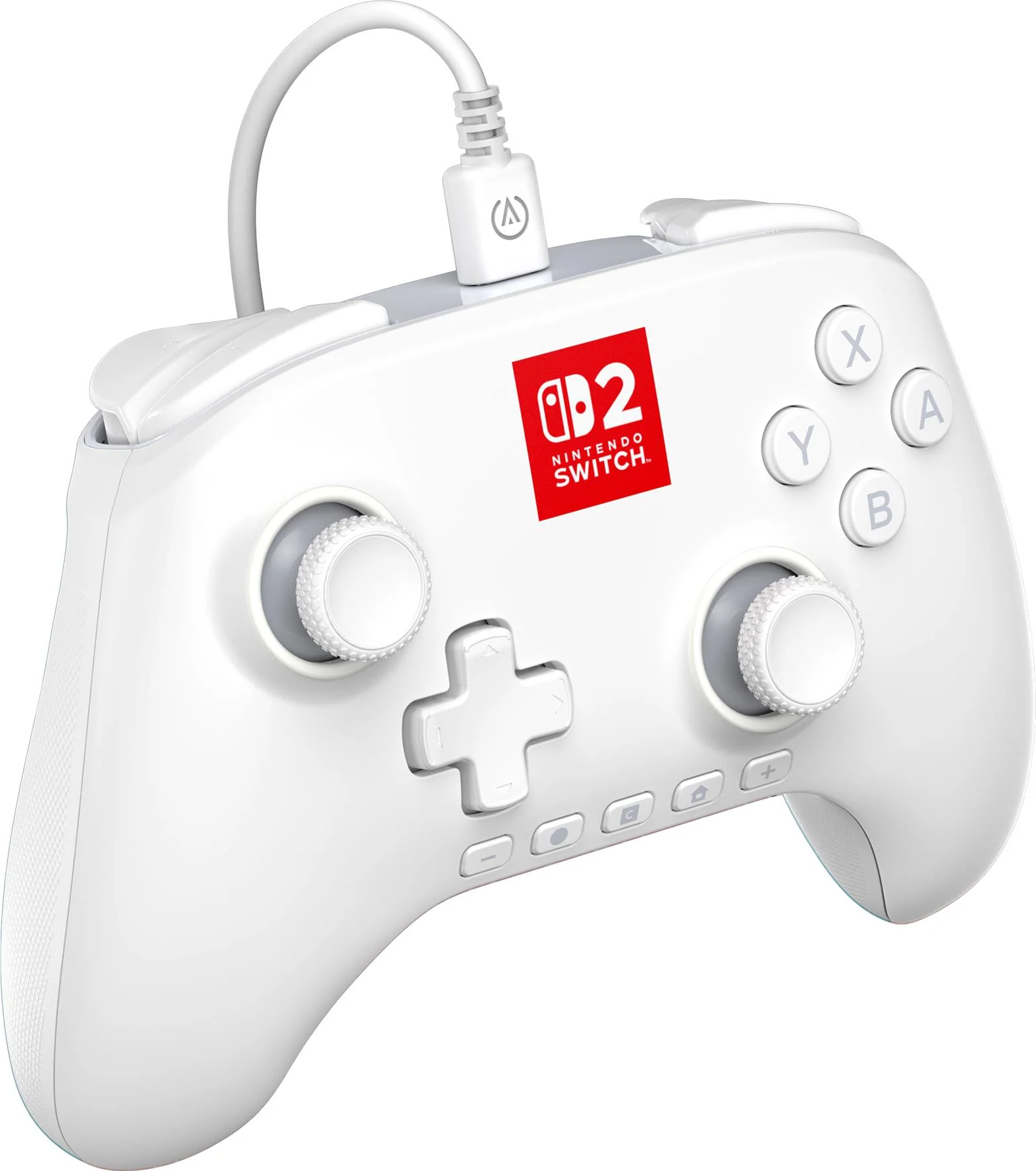 Ein weißer Nintendo Switch-Controller mit Knöpfen und Joysticks. Es ist ein Kabel befestigt. Das Nintendo Switch-Logo ist sichtbar.