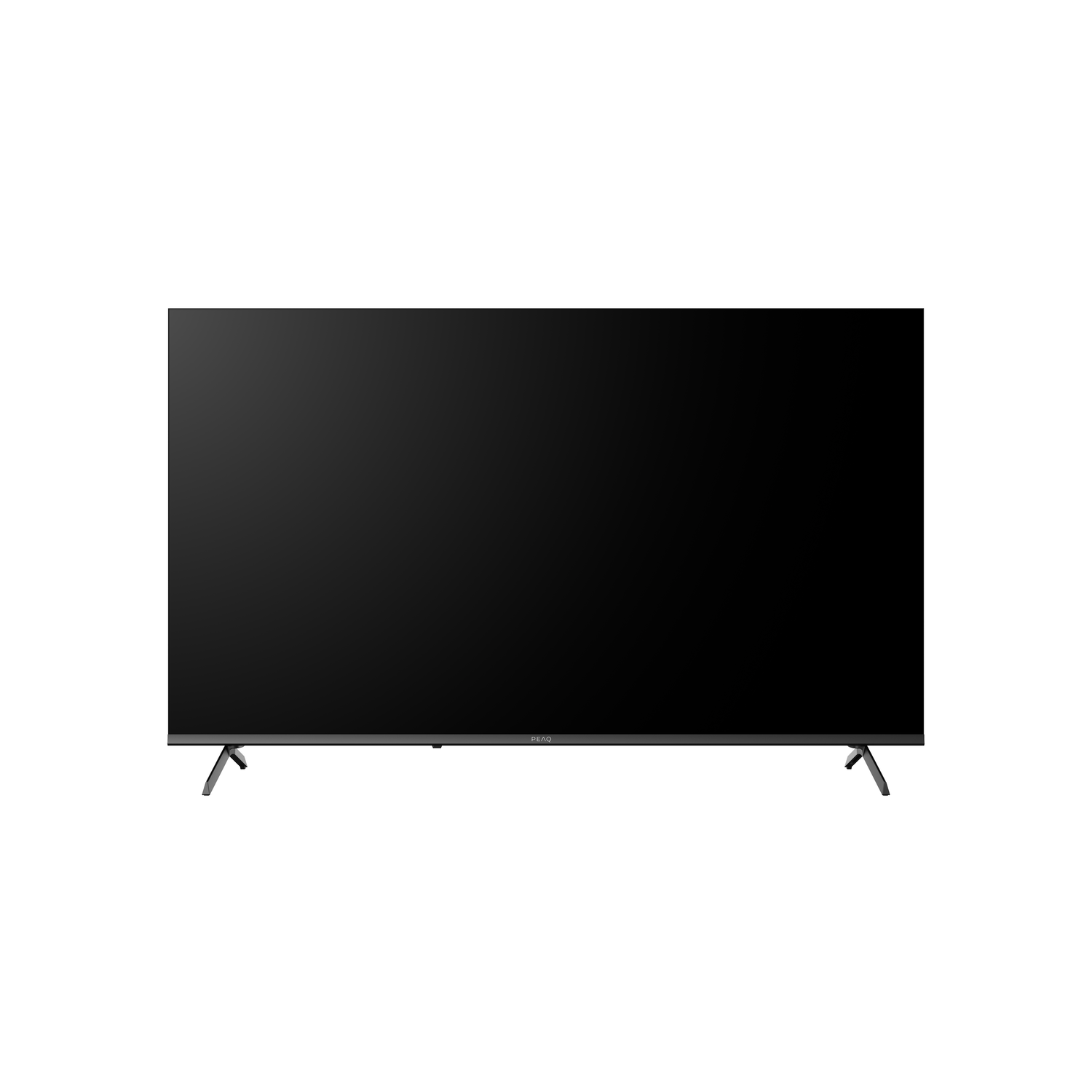 A large, black flat-screen TV with thin legs. The screen is dark. The brand name, PEAQ, is visible at the bottom.