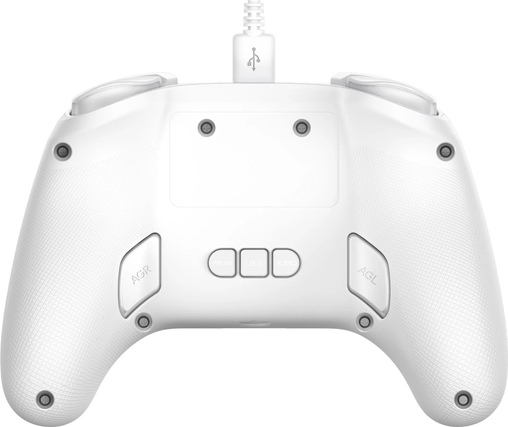 Ein weißer Gamecontroller, von hinten betrachtet, mit Knöpfen, einem USB-Kabel und strukturierten Griffen. Knöpfe sind beschriftet mit 'AGR', 'PRGM', 'LEDS', 'AUDIO'.