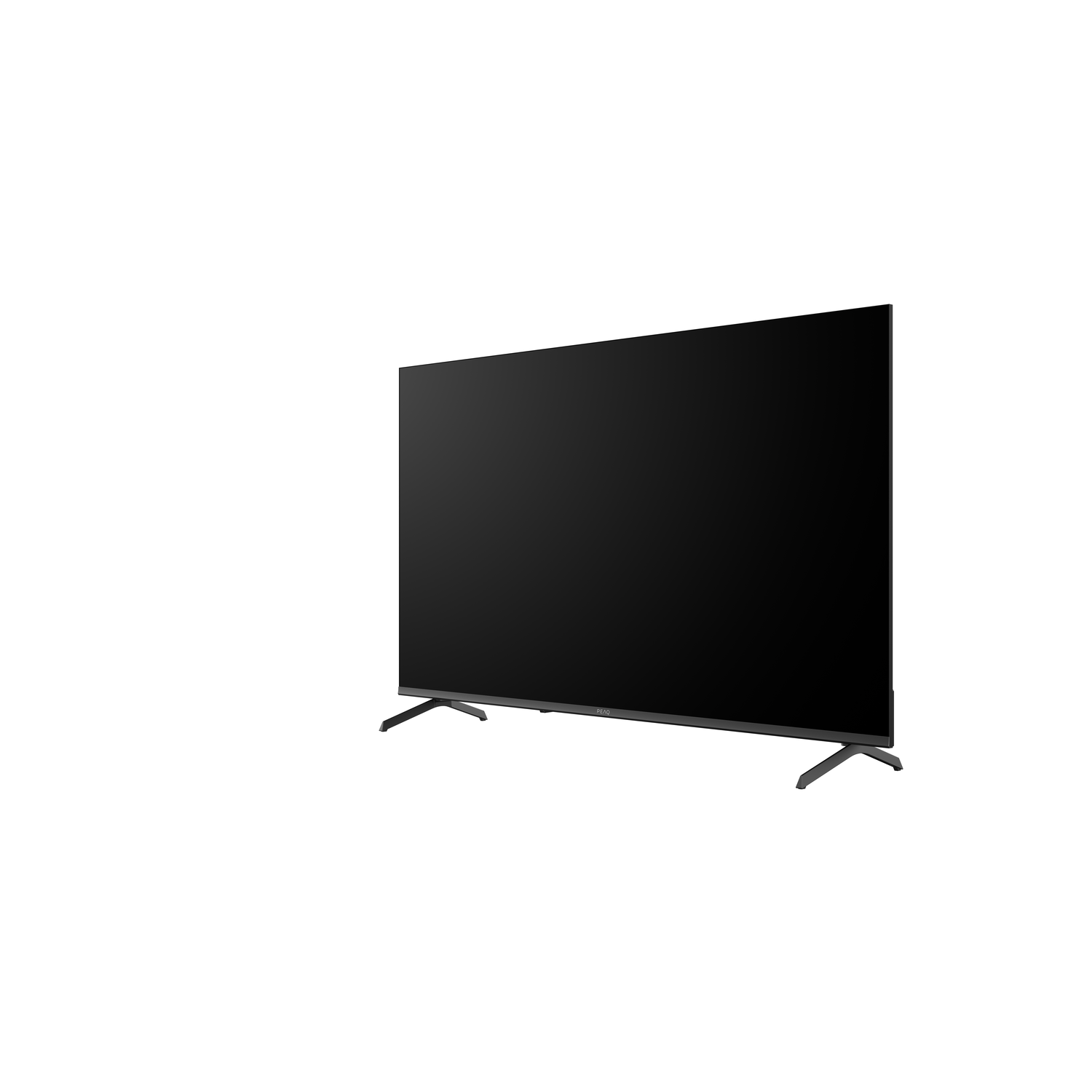 A large, black flat-screen TV stands on two angled legs against a white background. The screen is dark, reflecting the room.