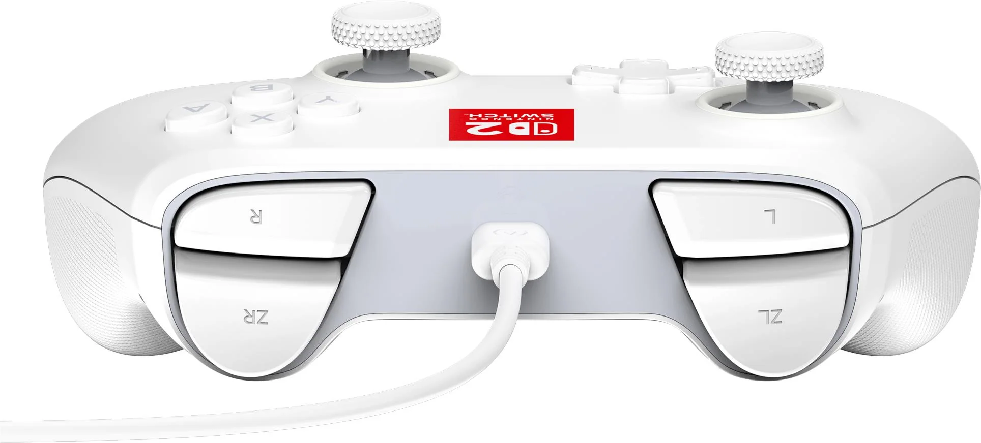 Ein weißer Nintendo Switch-Controller. Er hat Knöpfe, Joysticks und einen Ladeanschluss mit Kabel.