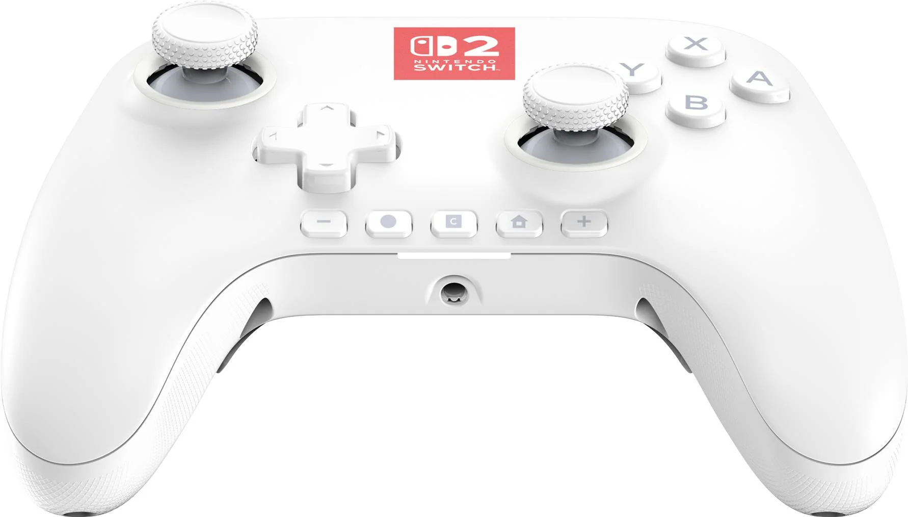 Ein weißer Nintendo Switch-Controller. Er hat Knöpfe, Joysticks und ein Nintendo Switch-Logo. Das Design ist ergonomisch.