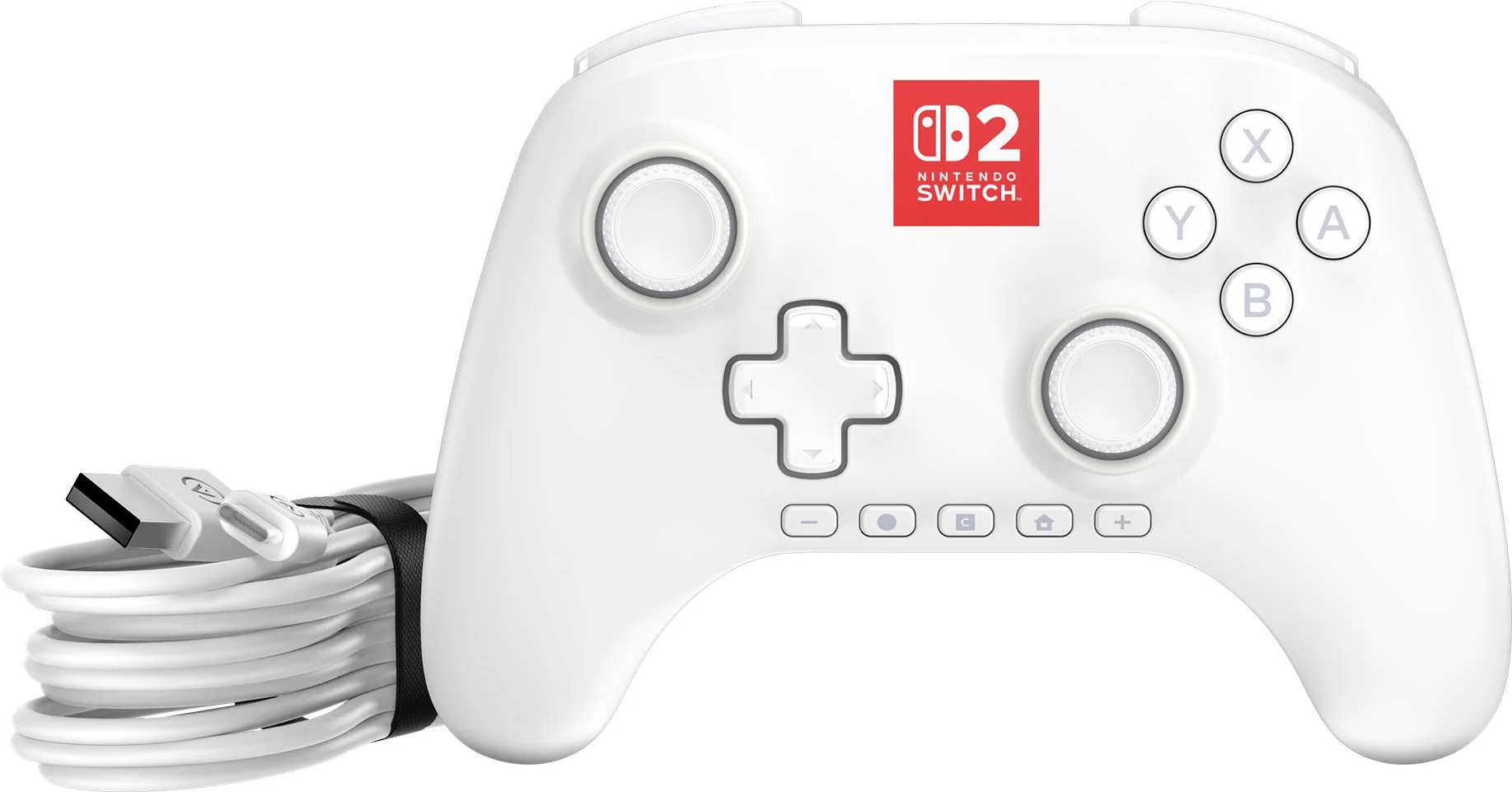 Weißer Nintendo Switch-Controller mit Knöpfen, Joysticks und einem USB-Kabel. Das Nintendo Switch-Logo befindet sich auf dem Controller.