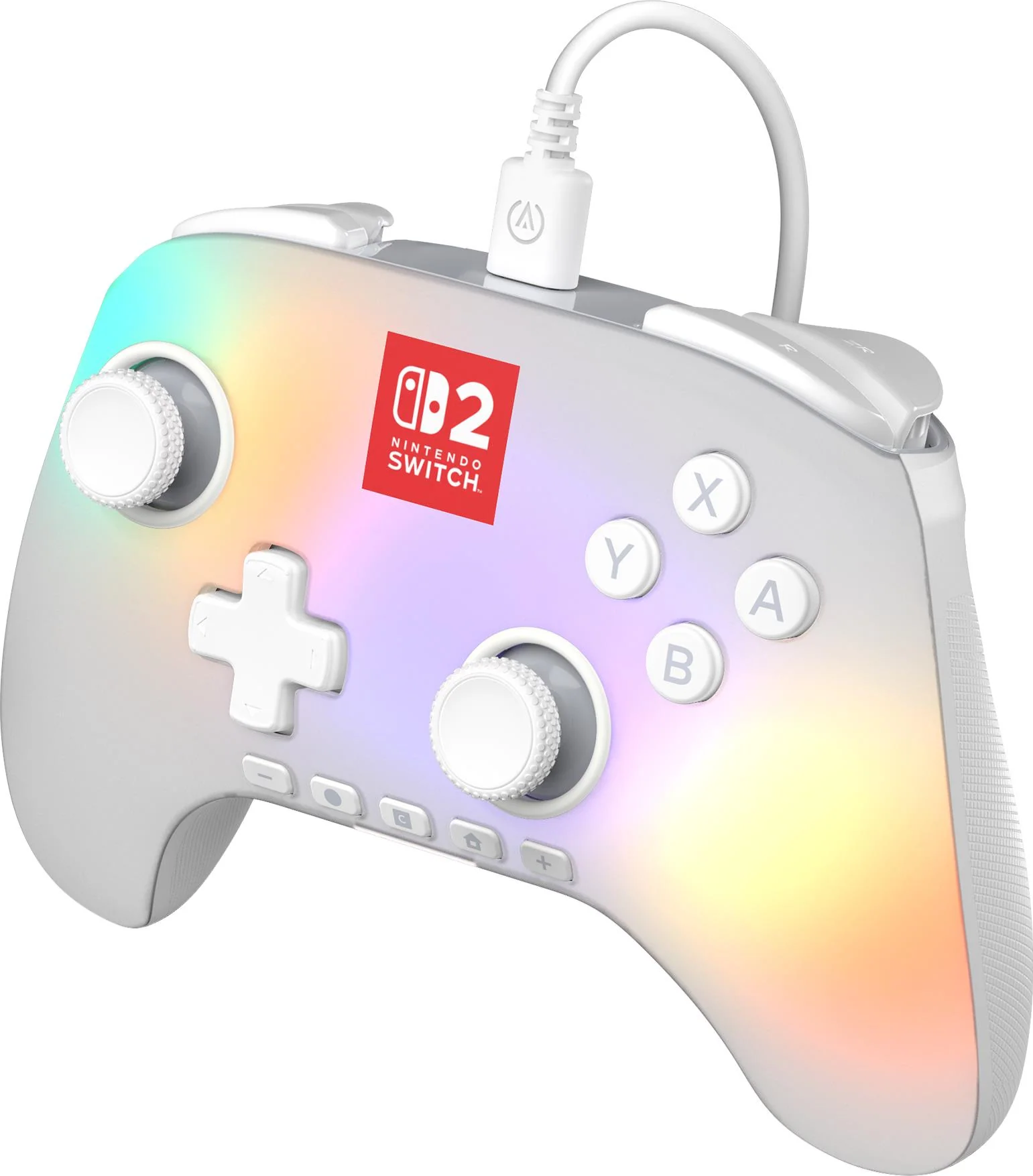 Ein weiß-grauer Nintendo Switch-Controller mit Farbverlauf. Er hat Knöpfe, Joysticks und ein rotes Nintendo Switch-Logo.