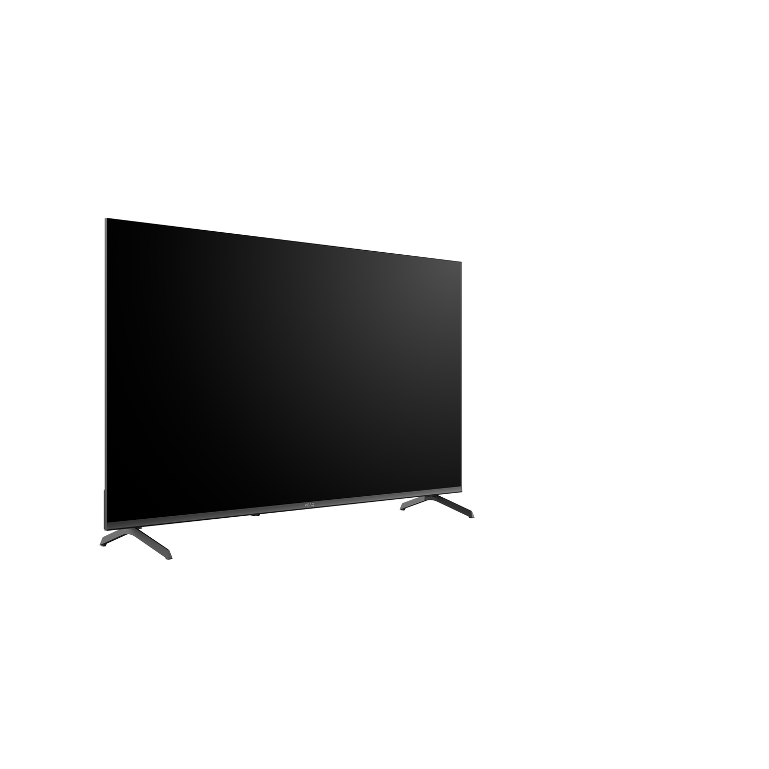 A large, flat-screen television with a black screen is angled slightly. It sits on two dark metal legs against a white background.