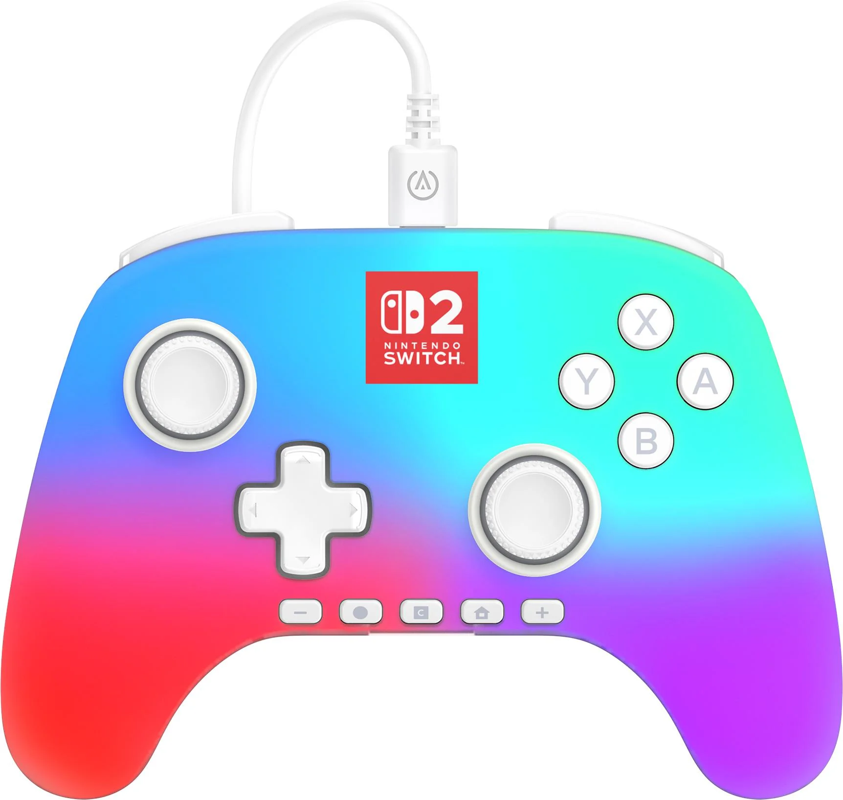 Ein farbenfroher Nintendo Switch-Controller mit Knöpfen und Joystick. Es hat ein Kabel, das oben angeschlossen ist.
