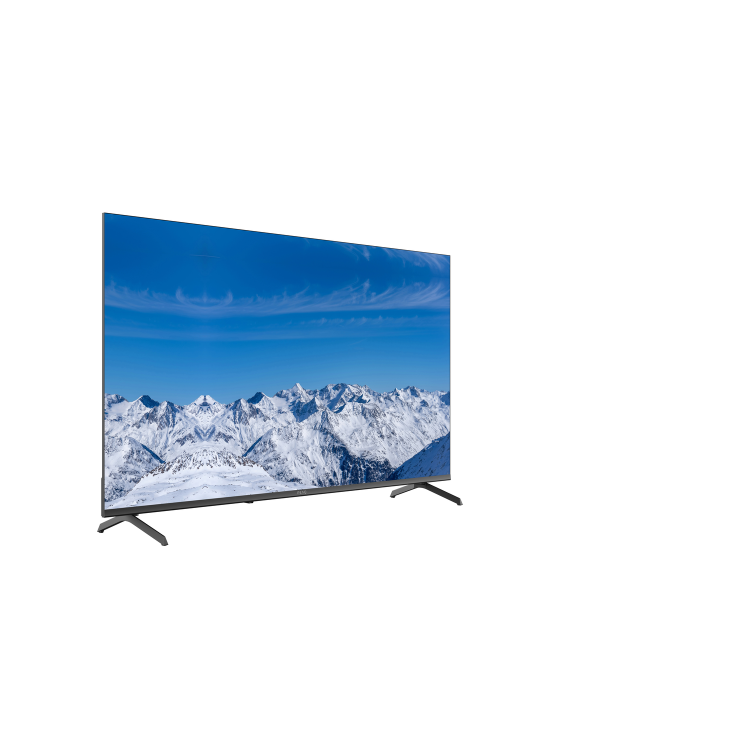 A TV displays a snowy mountain range under a blue sky. The TV is on a white background. It is supported by two legs.