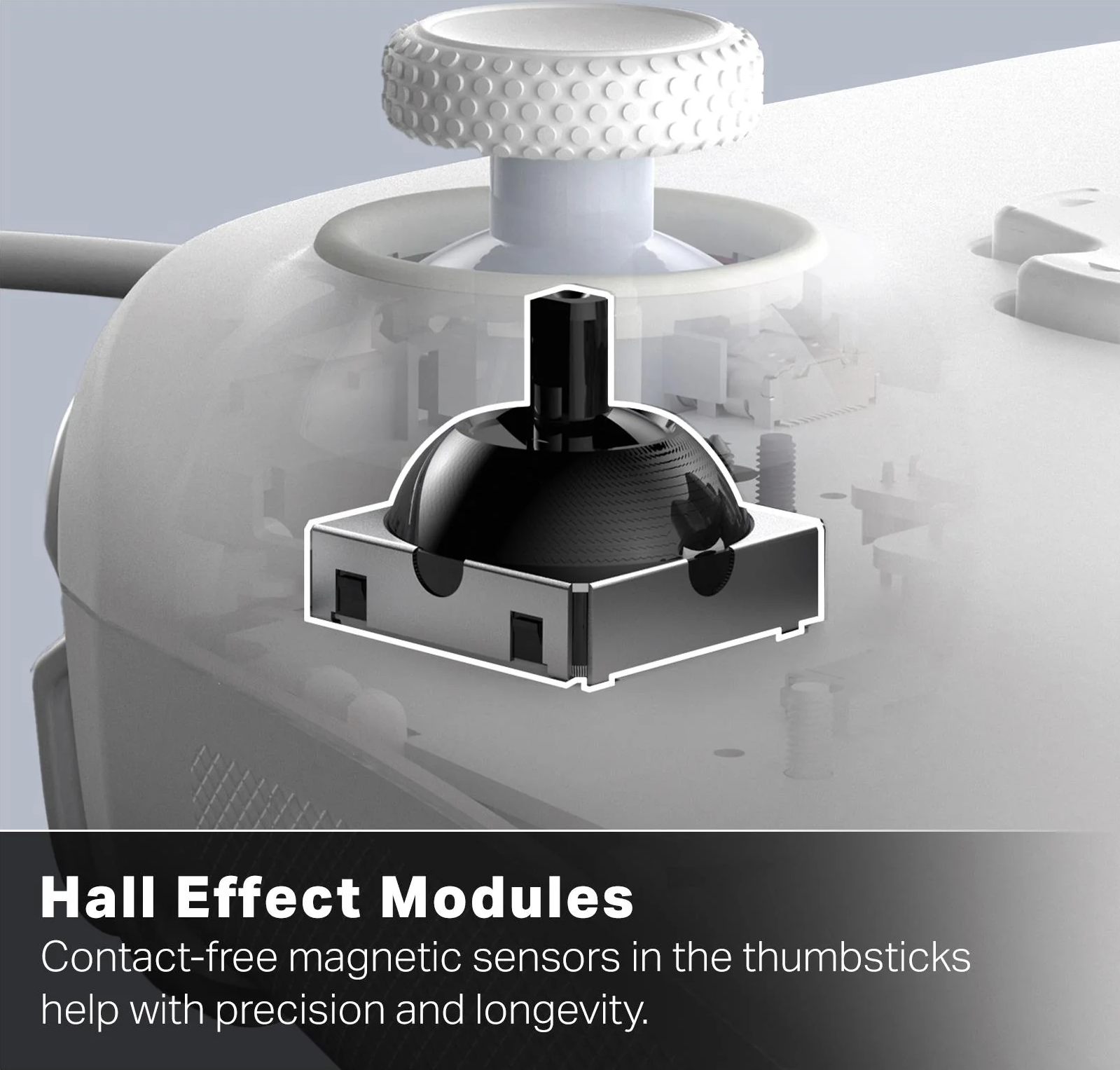 Nahaufnahme eines weißen Joysticks mit einem schwarzen Modul. Der Text 'Hall-Effekt-Module' und die Beschreibung sind unten.