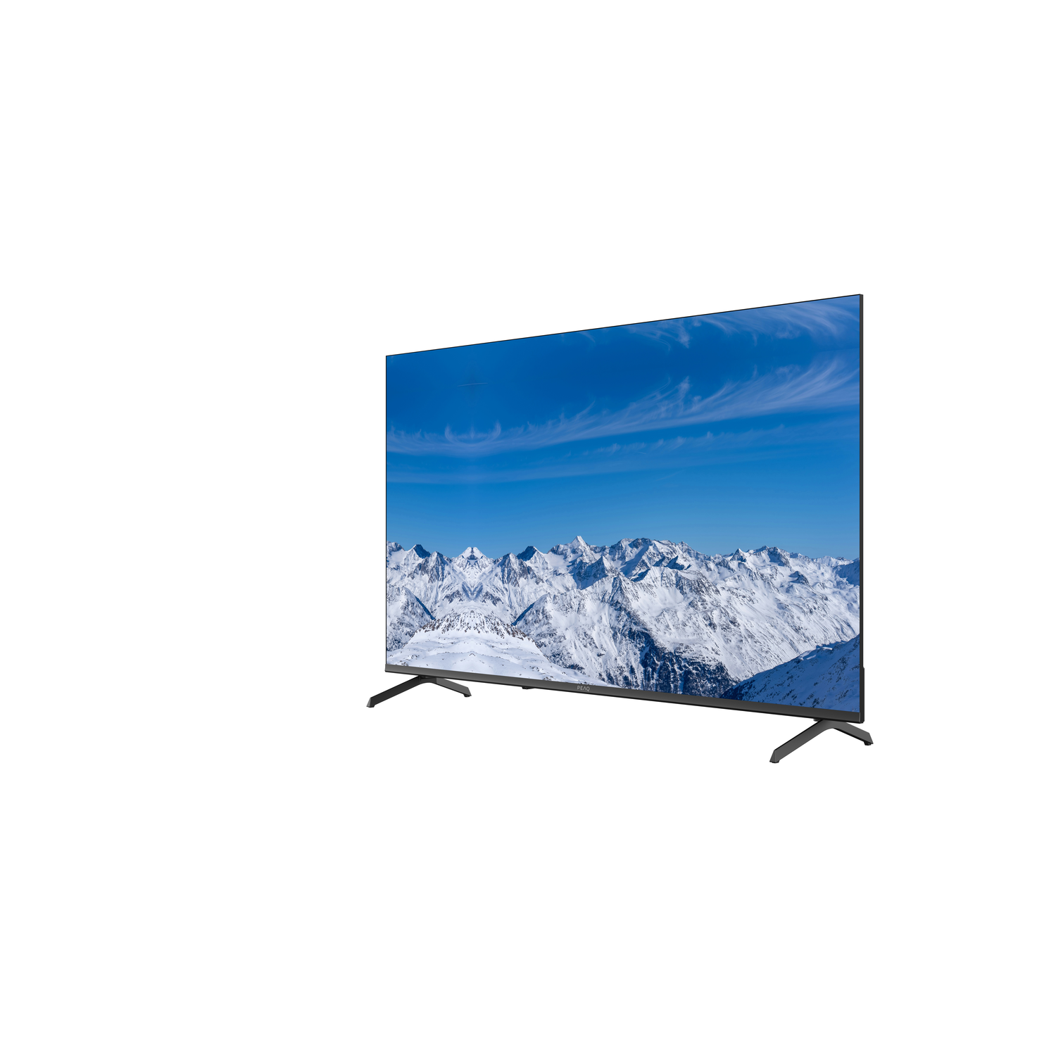 A flat-screen TV displays a snowy mountain range under a blue sky with wispy clouds. The TV is black, on two legs.