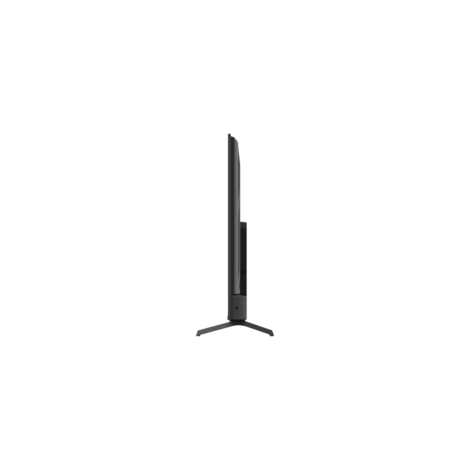 A side view of a black, thin flat-screen TV. The TV is standing on a black stand, against a white background.
